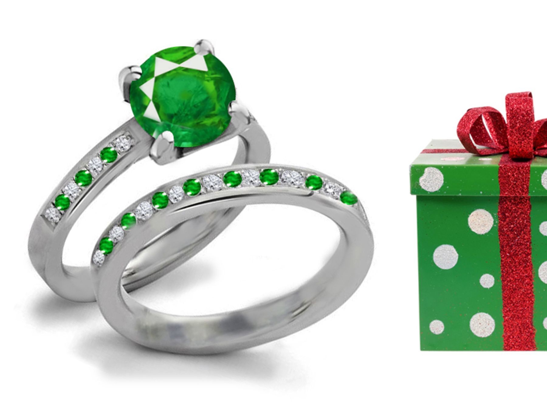 Various Designs: Exclusive Quality Round Emerald & Diamond Three-Stone Ring in 14k White Gold & Platinum