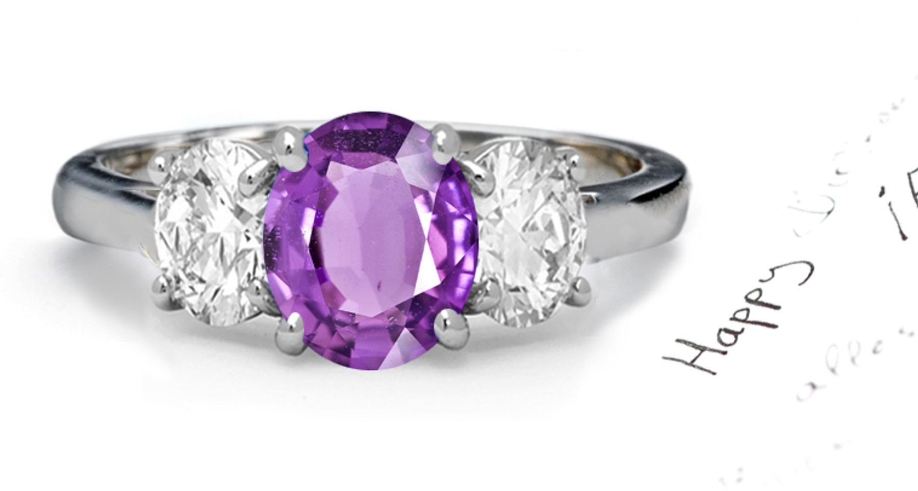 Sparkling Oval Purple Sapphire Three-Stone Sapphire Engagement Ring with Oval Diamonds