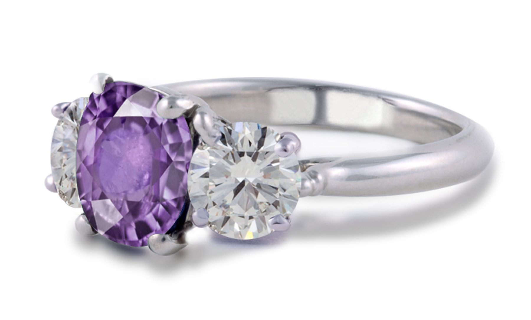 Oval Purple Sapphire Three-Stone Sapphire Engagement Ring with Round Diamonds