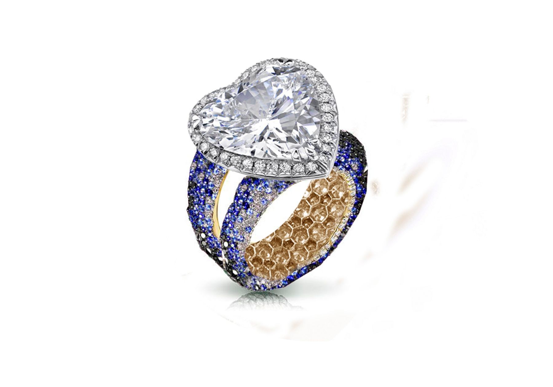 Halo Heart Diamond Ring with Diamonds & Blue Sapphires in Gold or Platinum