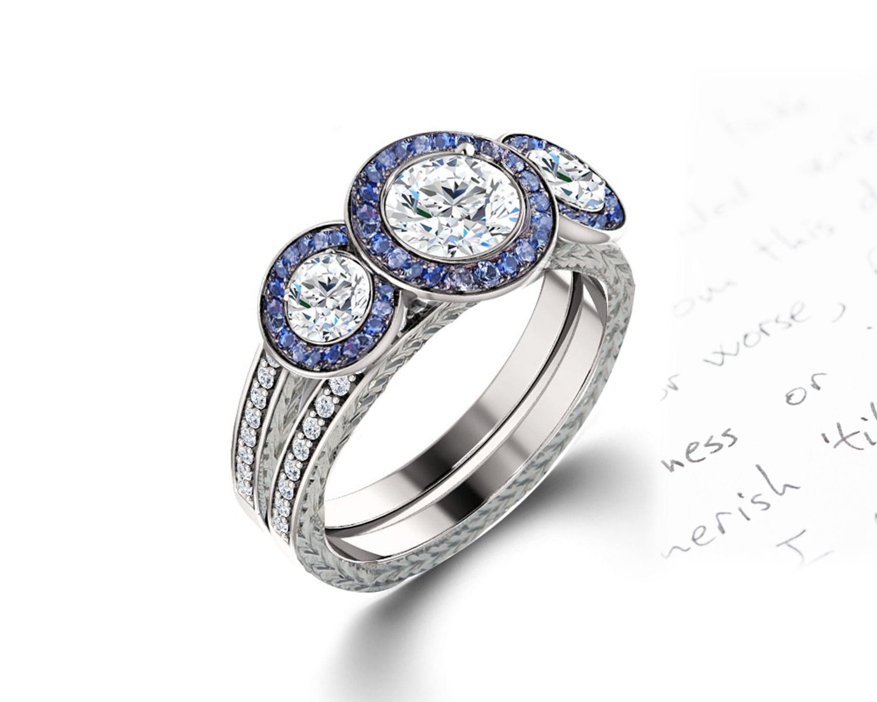 Delicate Micro Pave Halo Vivid Blue Sapphires & Brilliant-Cut Round Diamonds Designer Engagement Rings