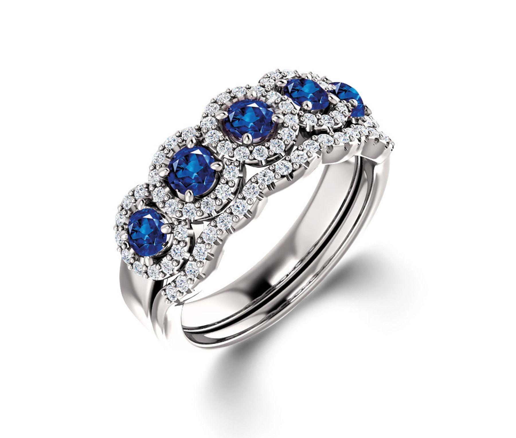 Delicate Micro Pave Halo Vivid Blue Sapphires & Brilliant-Cut Round Diamonds Designer Engagement Rings