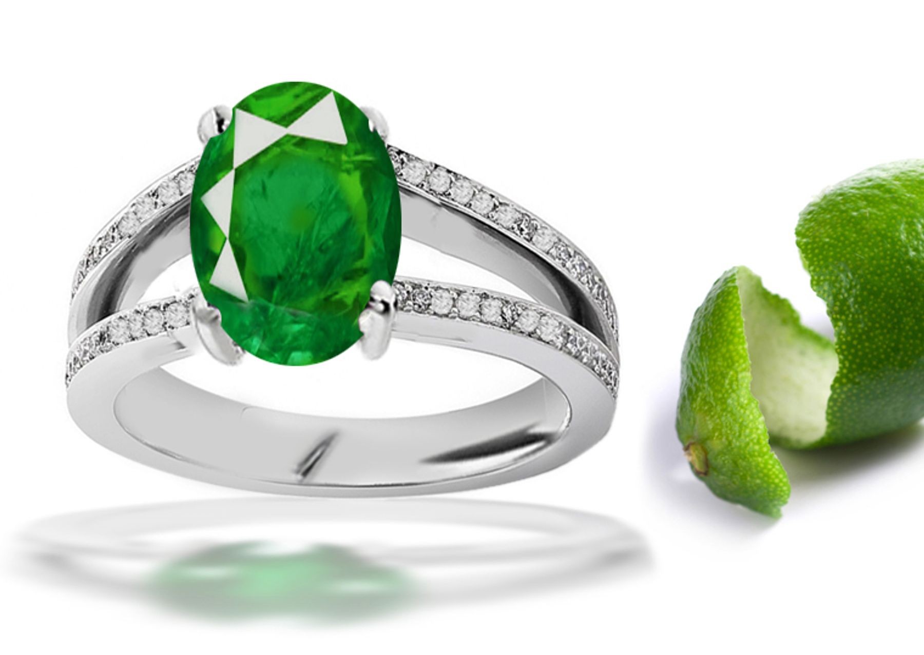 Creative Designs: Pave Set Diamond & Split Shank Gold Emerald Oval & Diamond Ring