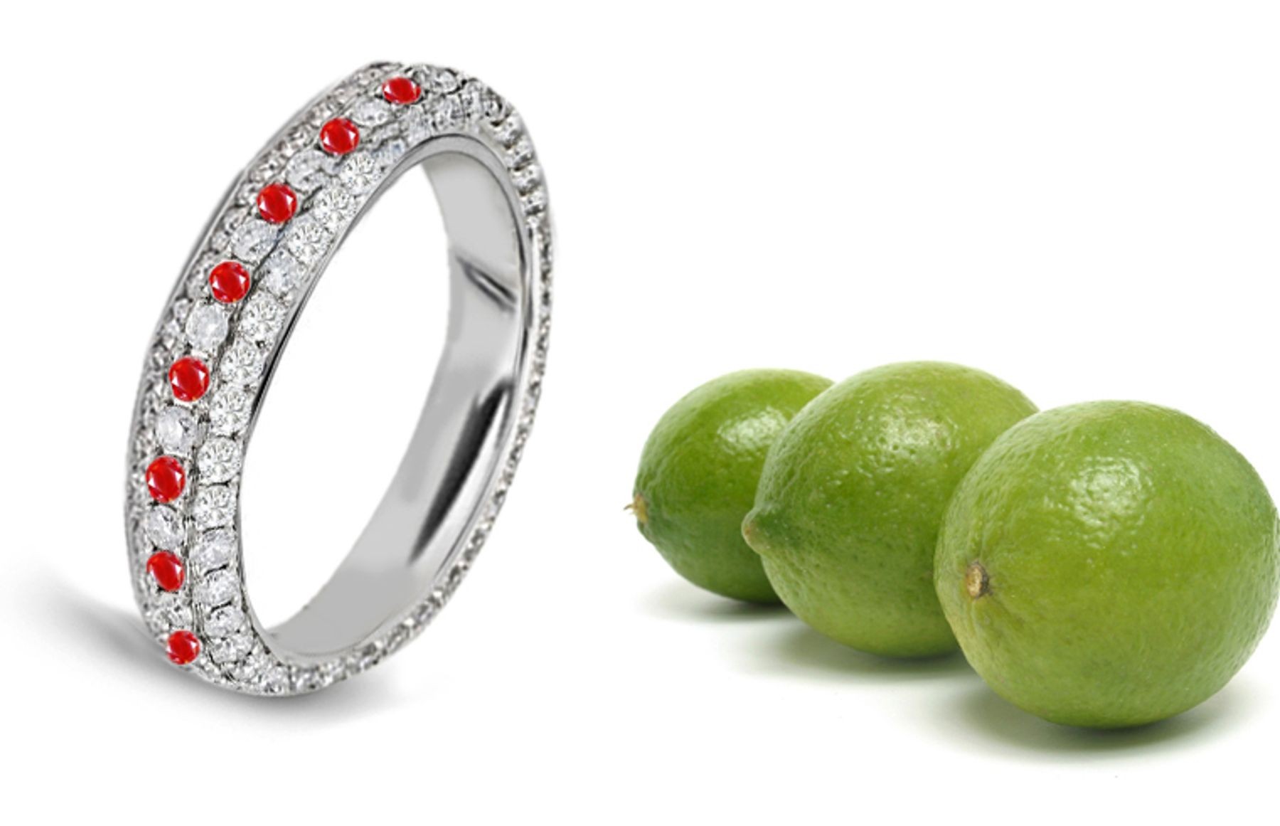 Intricate Detailing: Sparkling Diamond & Ruby pave Set Eternity Band in 14k White Gold
