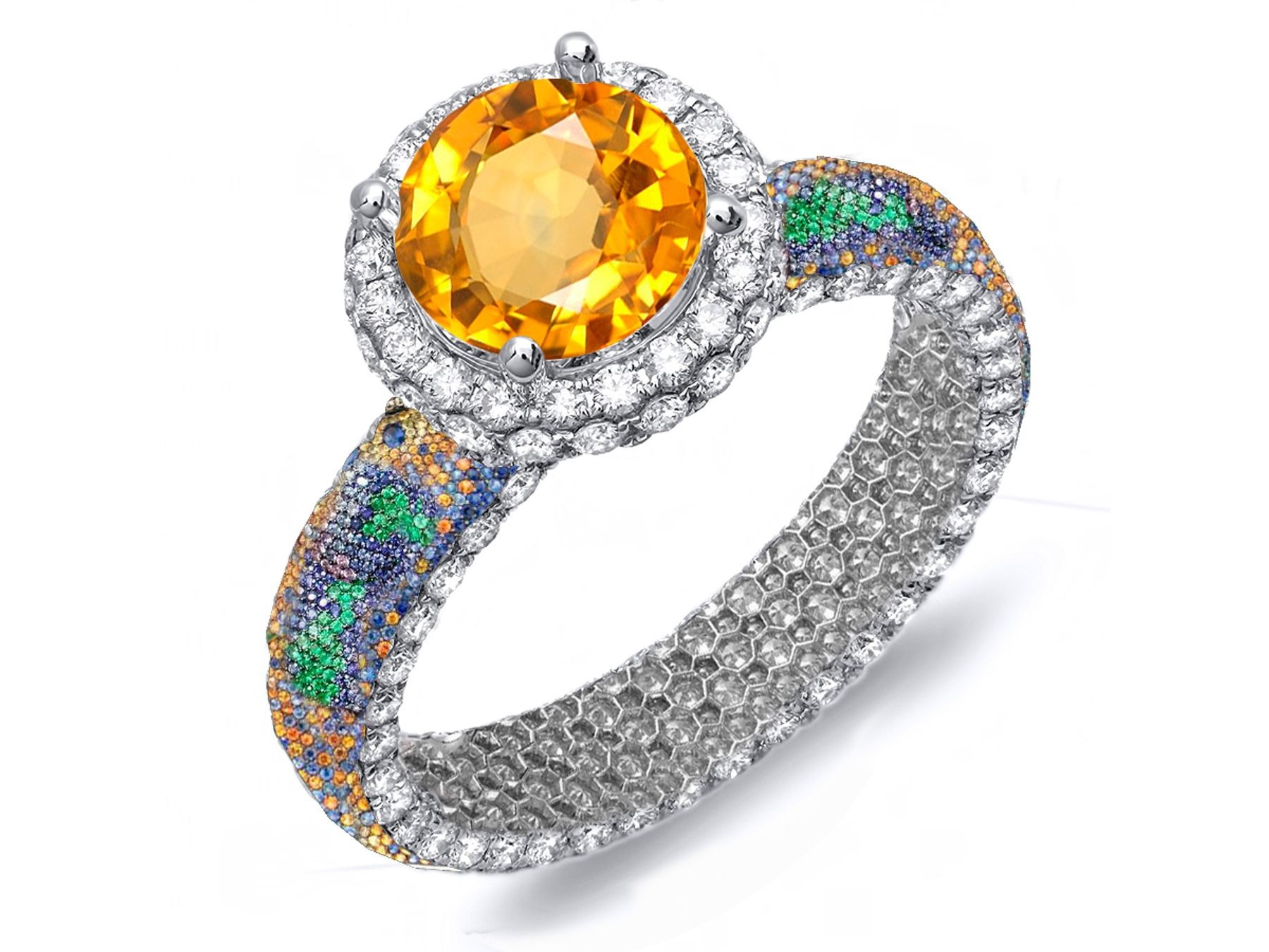 Brilliant & Rich Pave Cluster Diamond & Multi-Colored Precious Stones Rubies, Emeralds & Blue, Pink, Purple, Yellow Sapphires