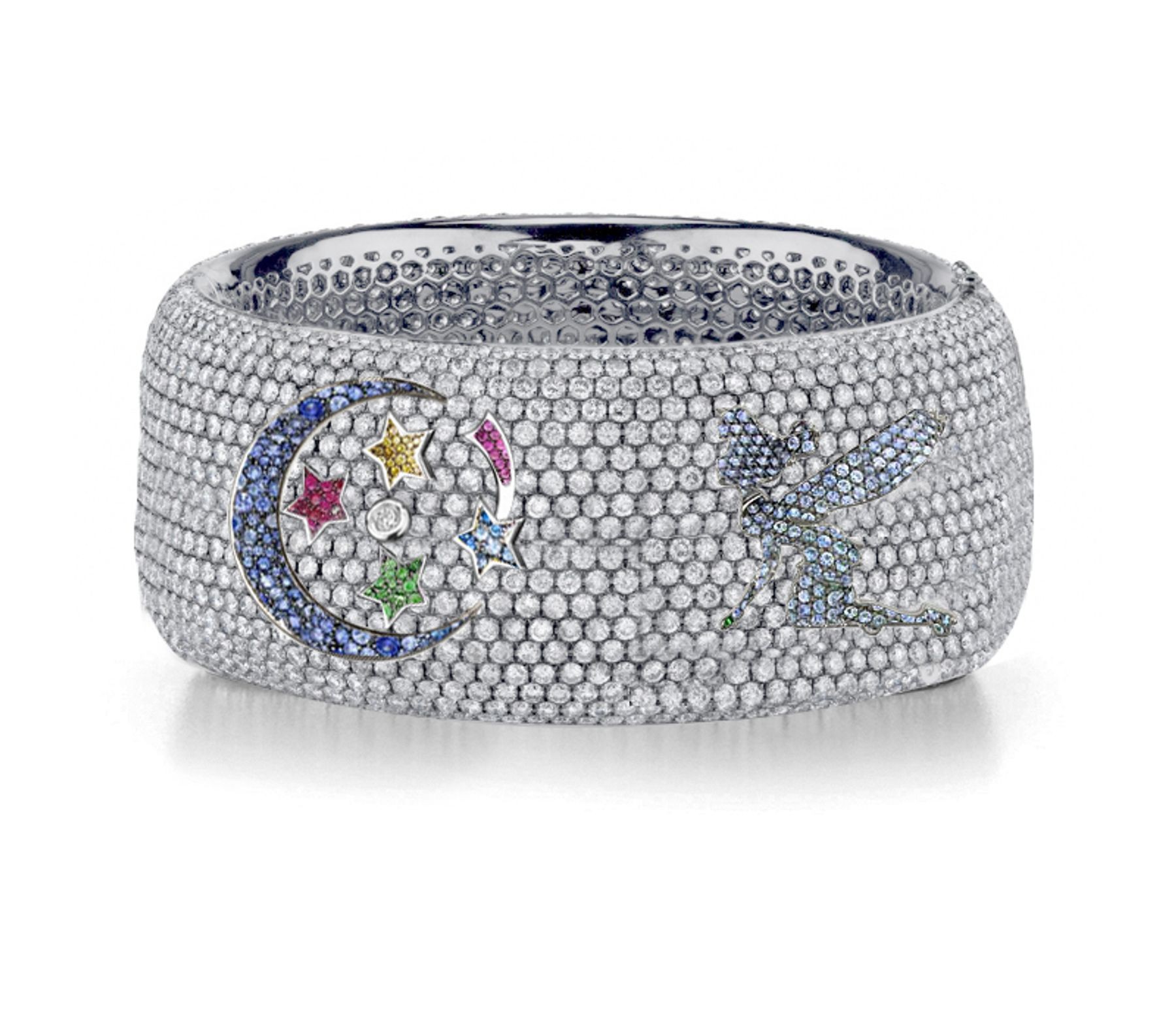 Delicate French pavee Sparkling Brilliant-Cut Round Diamonds & Vivid Multi-Colored Precious Stones Eternity Rings & Bands Featuring Fairy, Moon & Stars