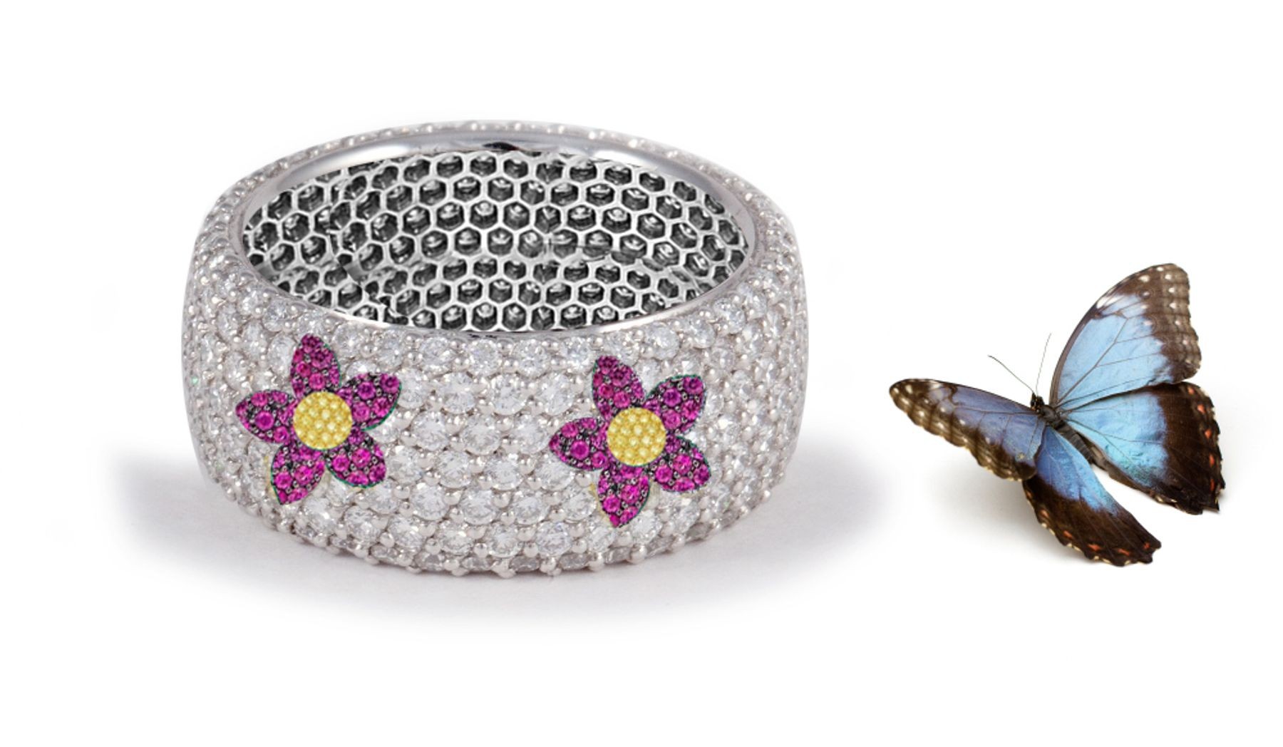 Flower Bloom Collection: Women's Halo Micro pave Precision Set Pink  & Yellow Sapphire & Diamond Eternity Rings Available in Platinum Inspired By Nature