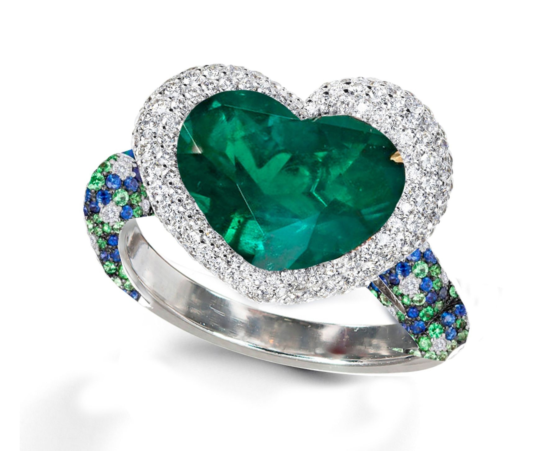 Ring with Heart Emerald & Pave Set Emeralds & White Diamonds in Gold or Platinum