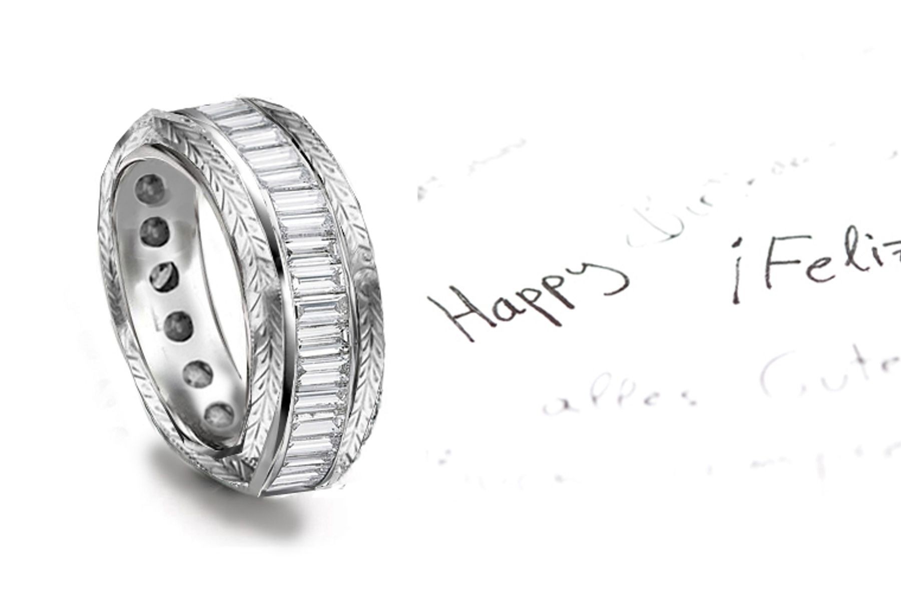 Encircling Baguette Cut Diamond Wedding Band Glows in Ornamented with Exquisite Scroll Work
