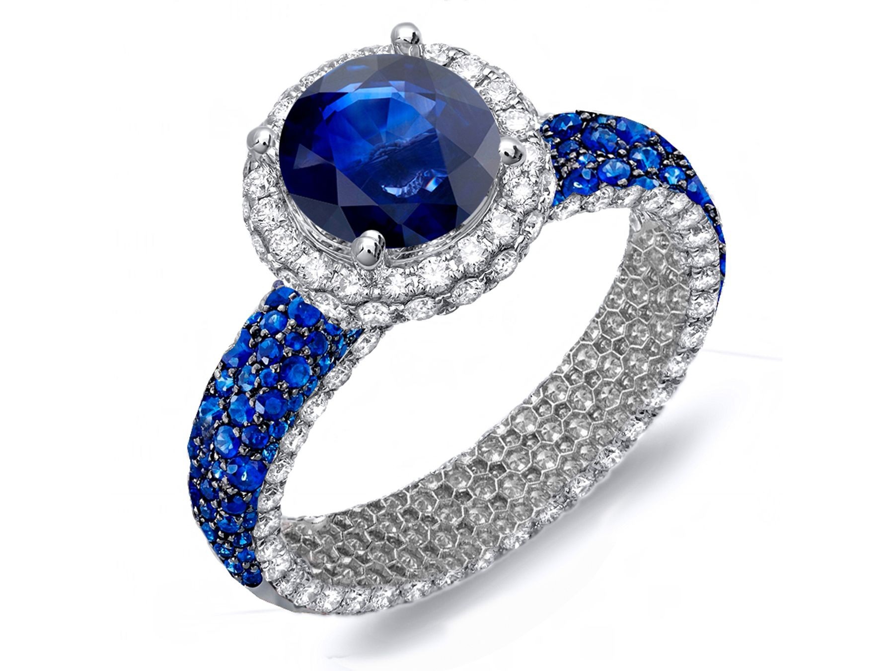 Made To Order Rings Featuring Delicate French Halo Pave Diamonds & Vivid Blue Sapphires