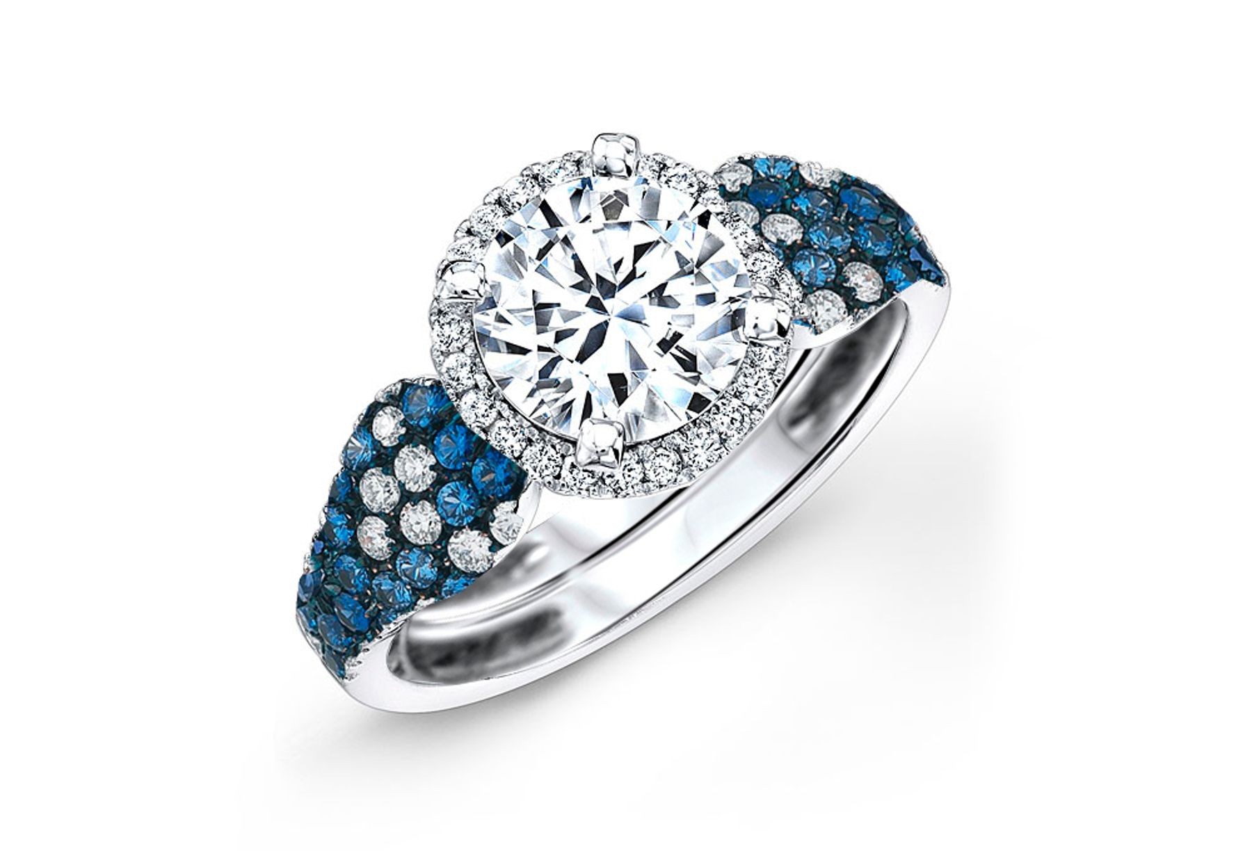 Made To Order Rings Featuring Delicate French Halo Pave Diamonds & Vivid Blue Sapphires