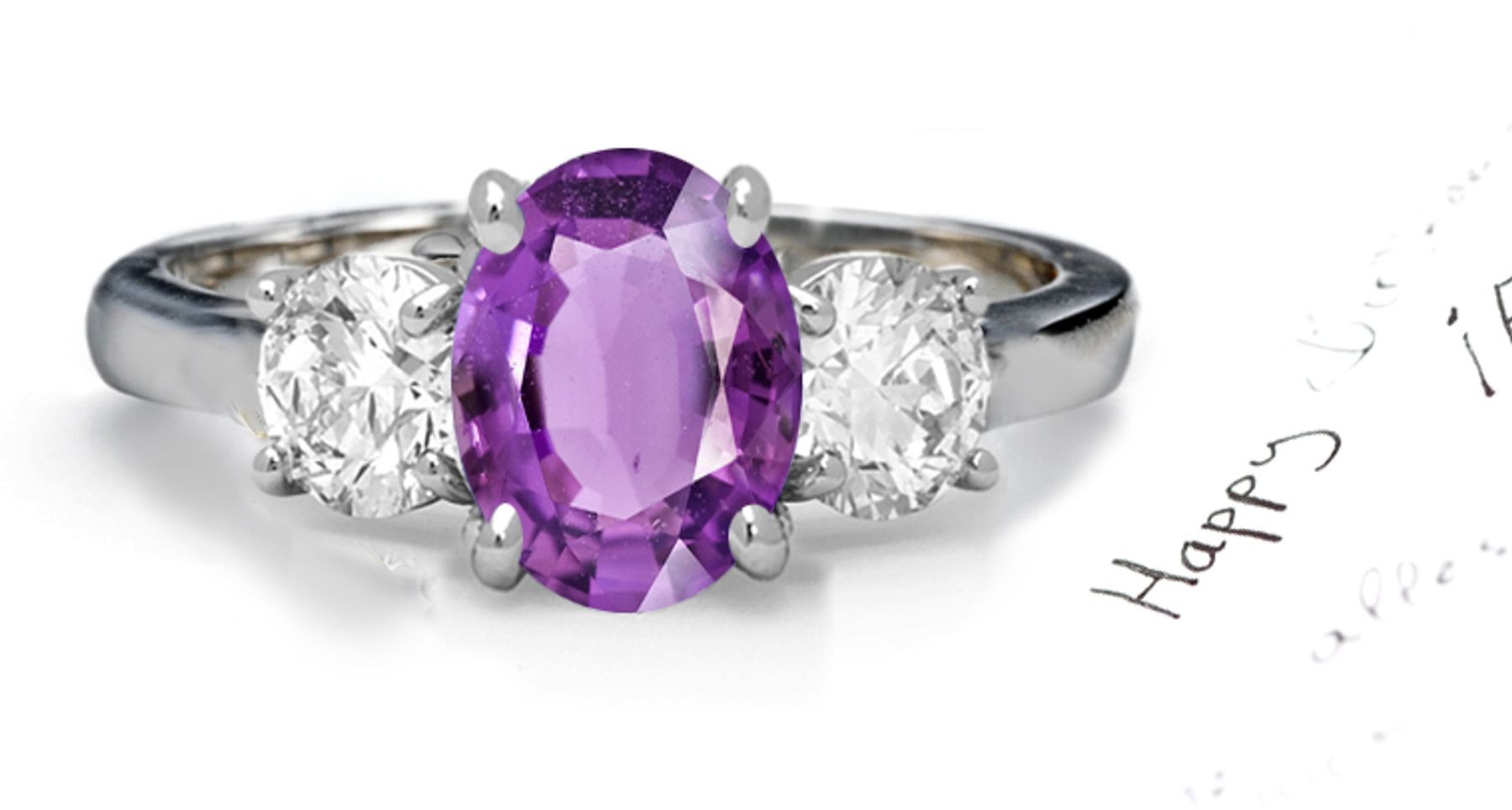 Oval Purple Sapphire Three-Stone Sapphire Engagement Ring with Trapezoid Diamonds