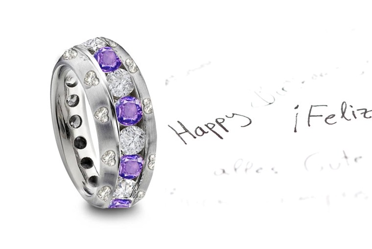 Burnish Set Heart Diamond & Purple Sapphire Rings