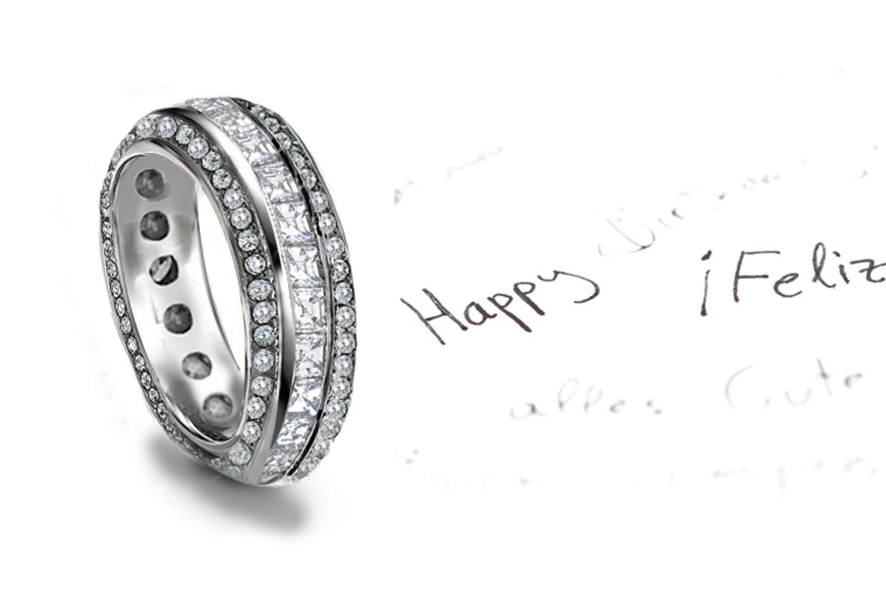 Full Circle of Love: 6 mm Wide Platinum Band Enshrined with Asscher Cut Diamonds Embraced by 2 Rows of Diamonds