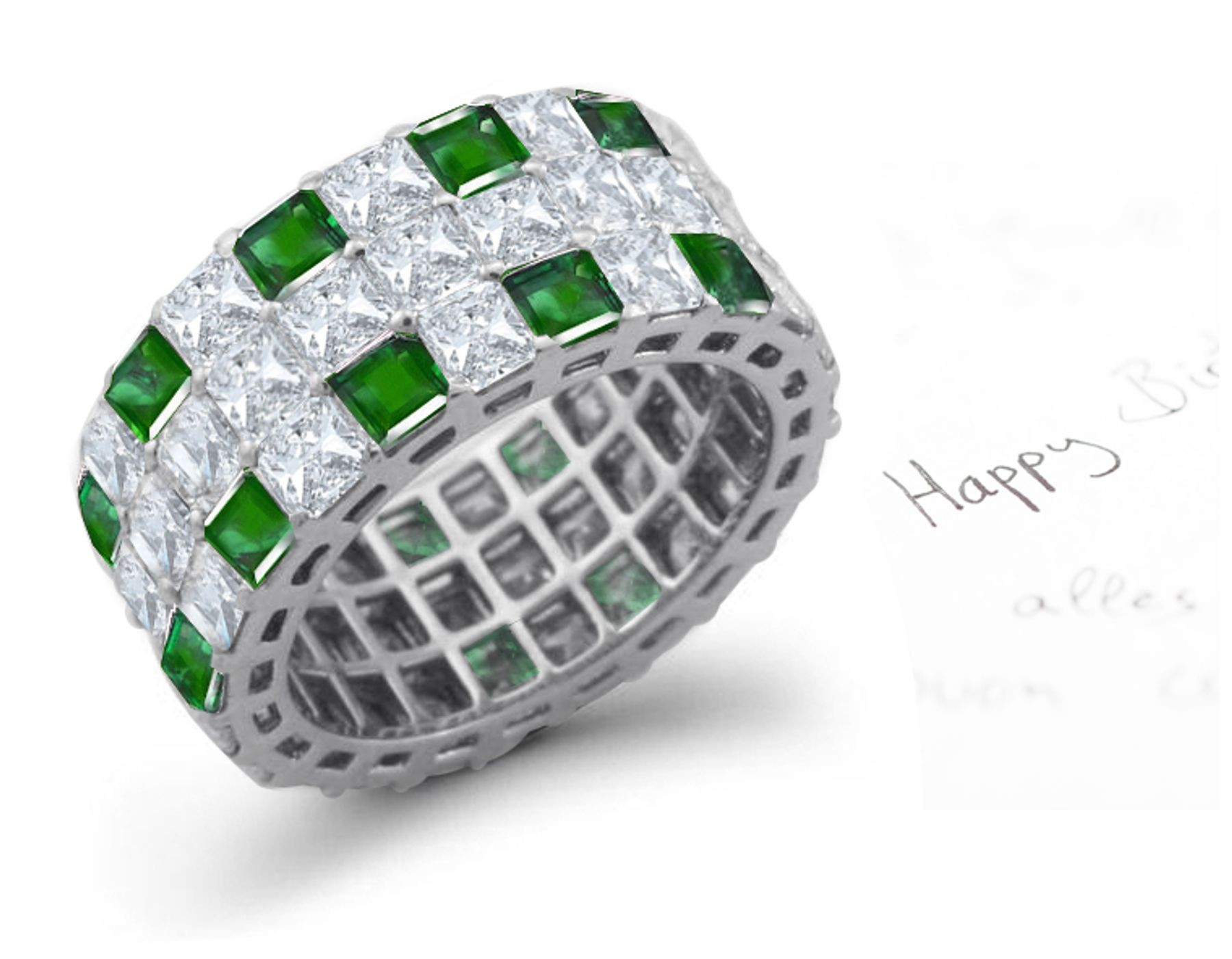 "Special Design" Three Rows of Princess Cut Diamond & Emerald Eternity Rings