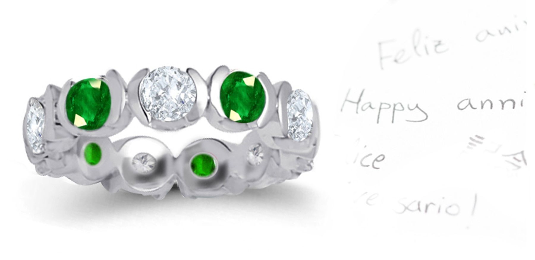 Diamond & Emerald Wedding Eternity Semi-Bezel Ring