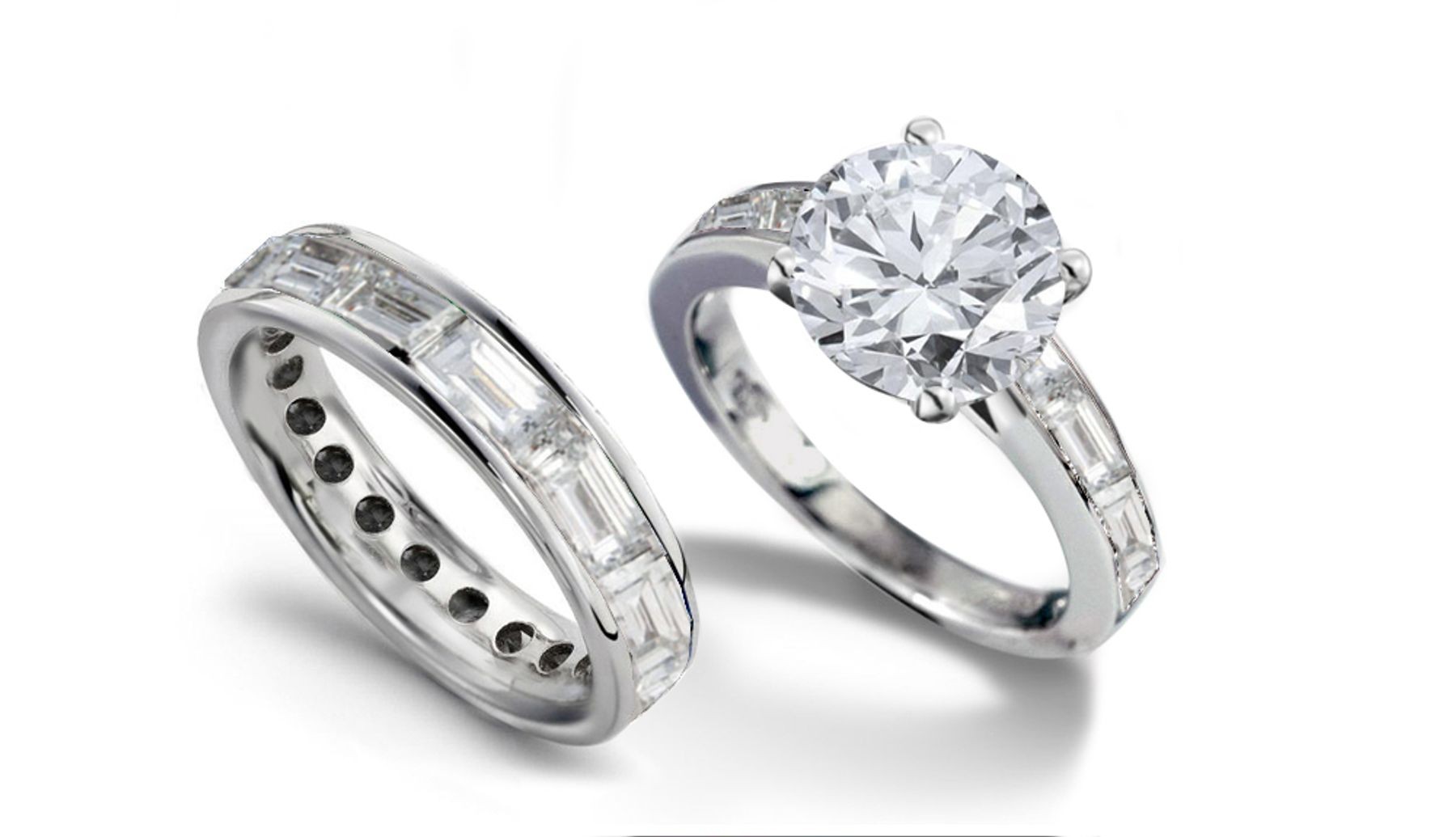 Brilliant Cut Round Diamond & Baguette Diamond Engagement Ring & Matching Wedding Band in Platinum