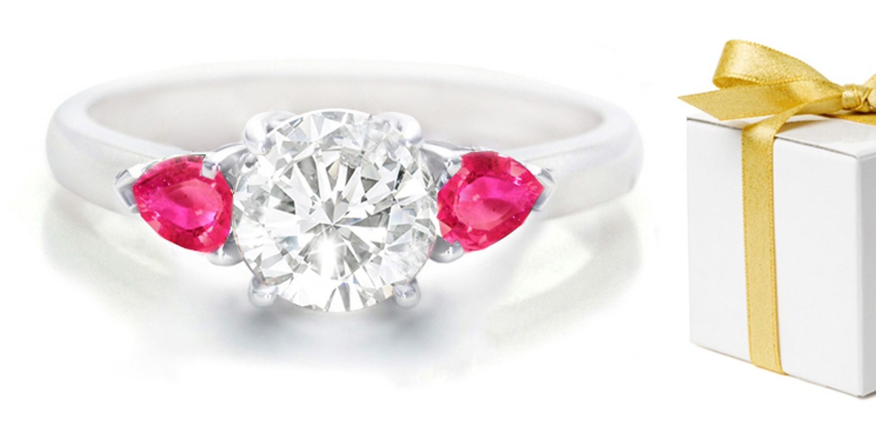 Pear Pink Sapphire 3 Stone Engagement Ring with Round Diamond in 14k White Gold & Platinum