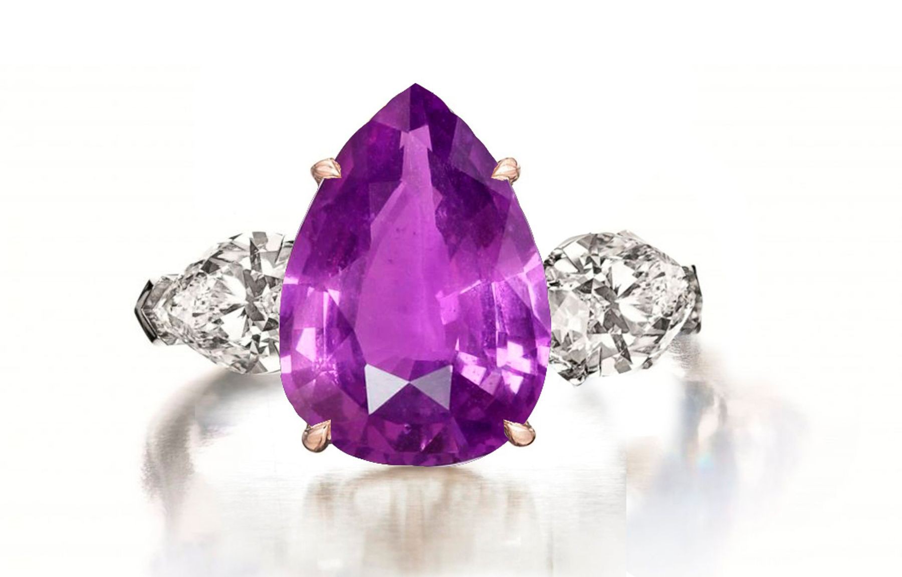 Custom Manufactured Three Stone Pear-Shaped Diamonds & Purple Sapphire Ring