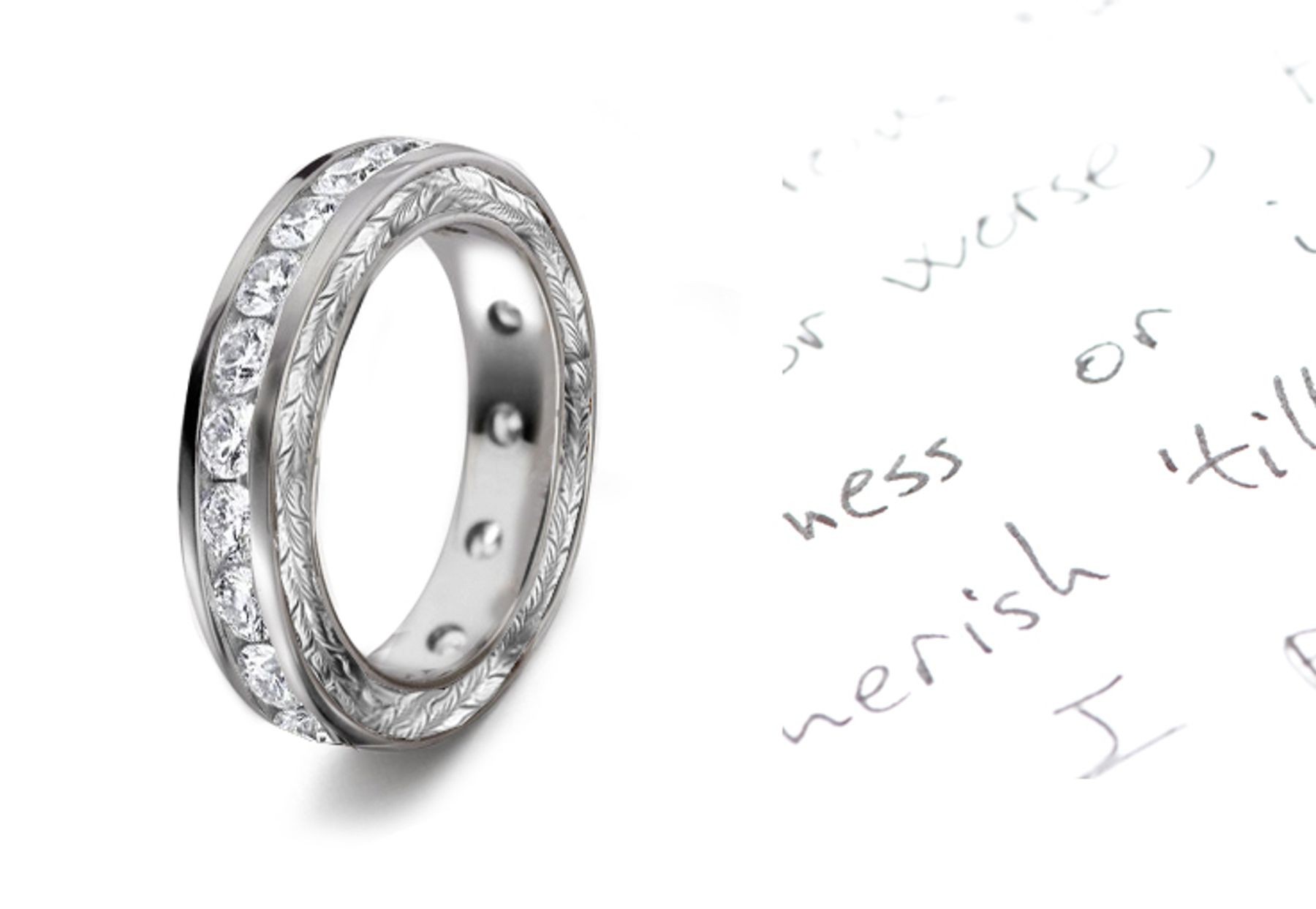 Diamonds Create Drama: View This Illuminating Engraved Motifs Decorate the sides of this Diamond Eternity Wedding Band