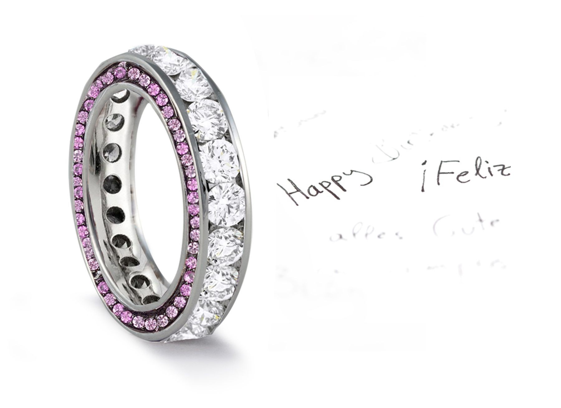Micro pave Halo Brilliant Round Diamond & Vivid Pink Sapphire Eternity Rings