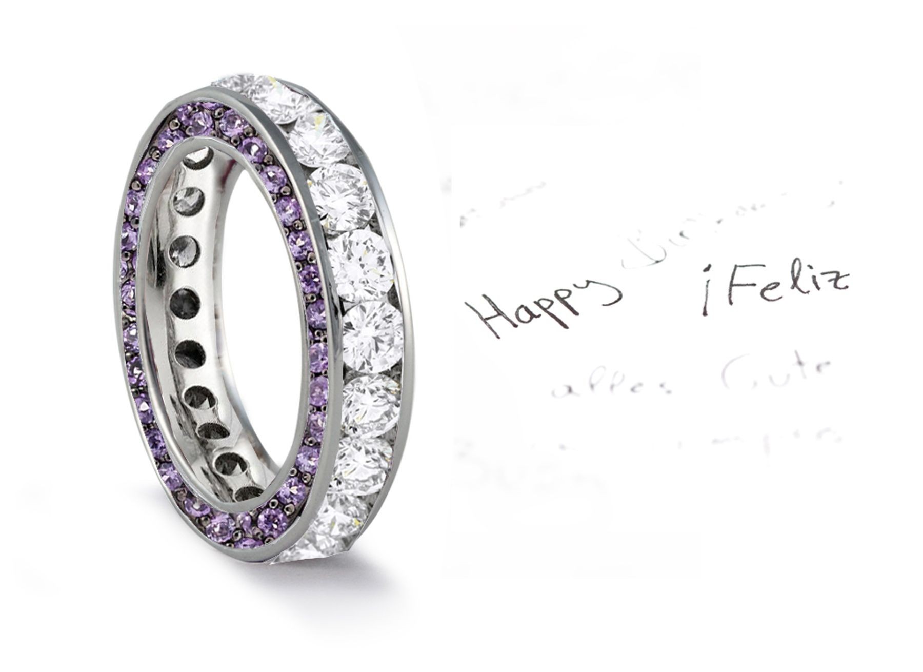 Micro pave Halo Brilliant Cut Round Diamond & Purple Sapphire Eternity Rings