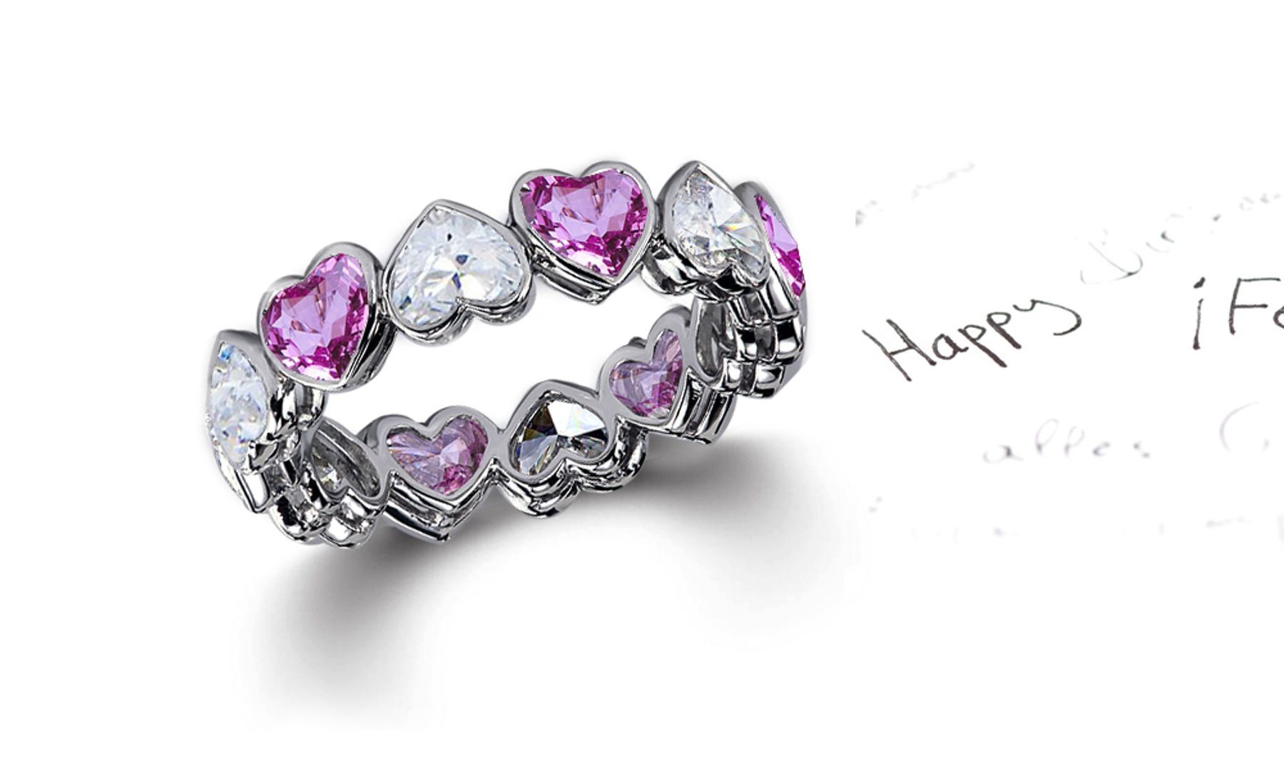 Delicate Heart Shaped Diamond Bezel Set Pink Sapphire & Diamond Eternity Rings