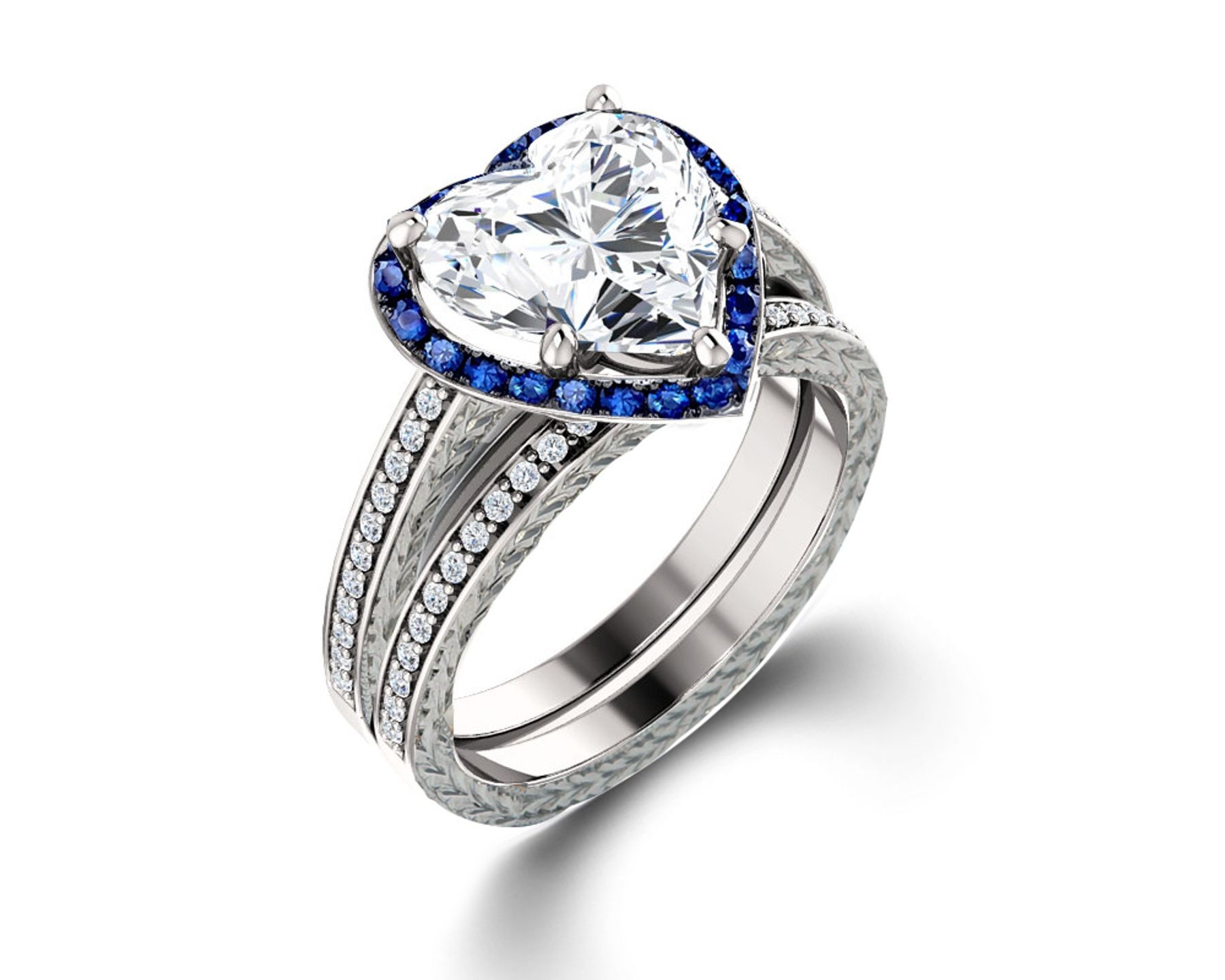 Delicate Micro Pave Halo Vivid Blue Sapphires & Brilliant-Cut Round Diamonds Designer Engagement Rings