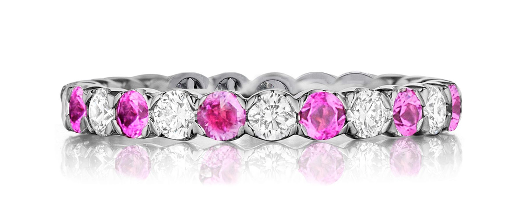 Made To Order Just For You Round Pink Sapphire & Diamond Prong Set Eternity Wedding Band Rings