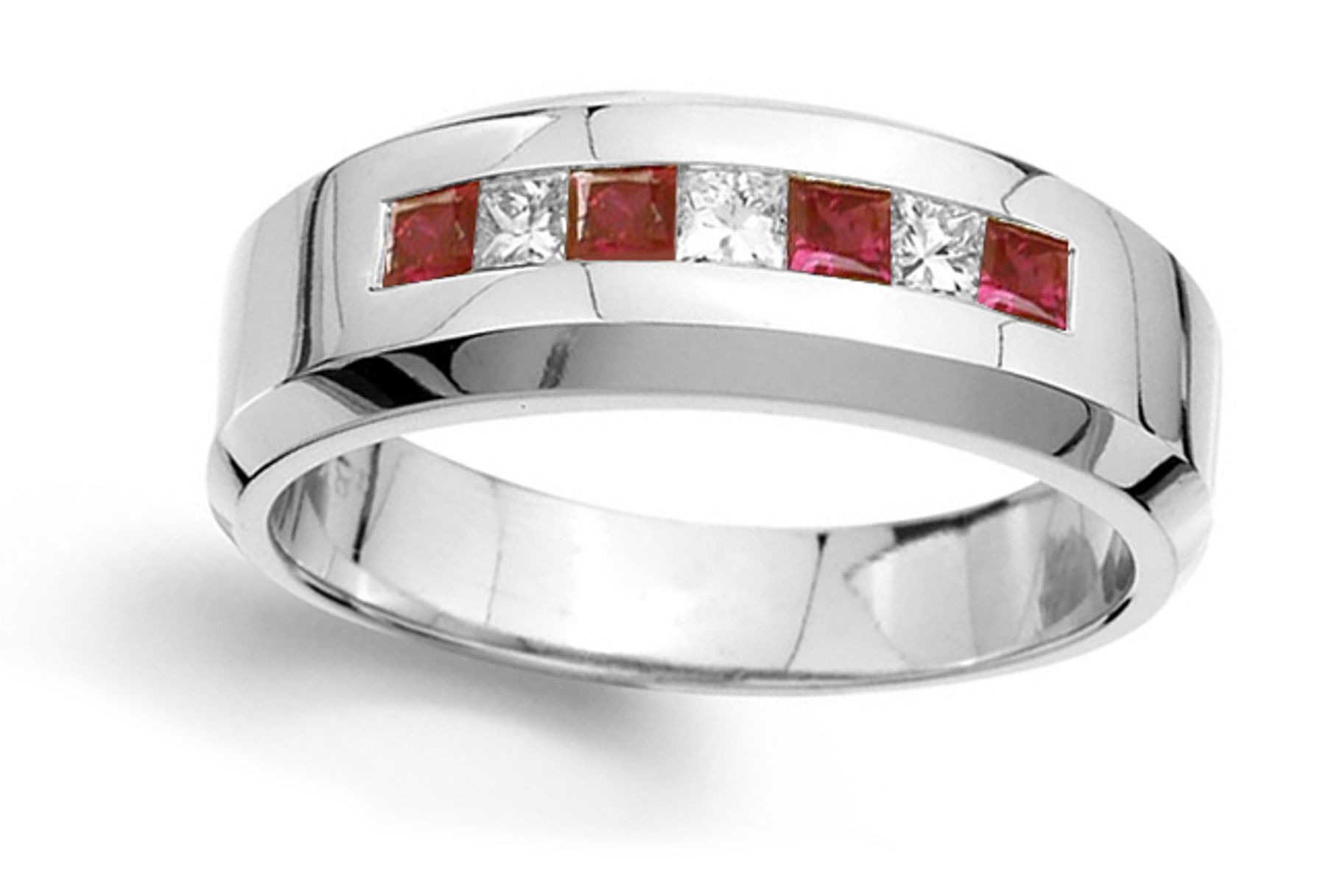 Ruby Diamond Rings: Platinum ruby diamond princess cut band