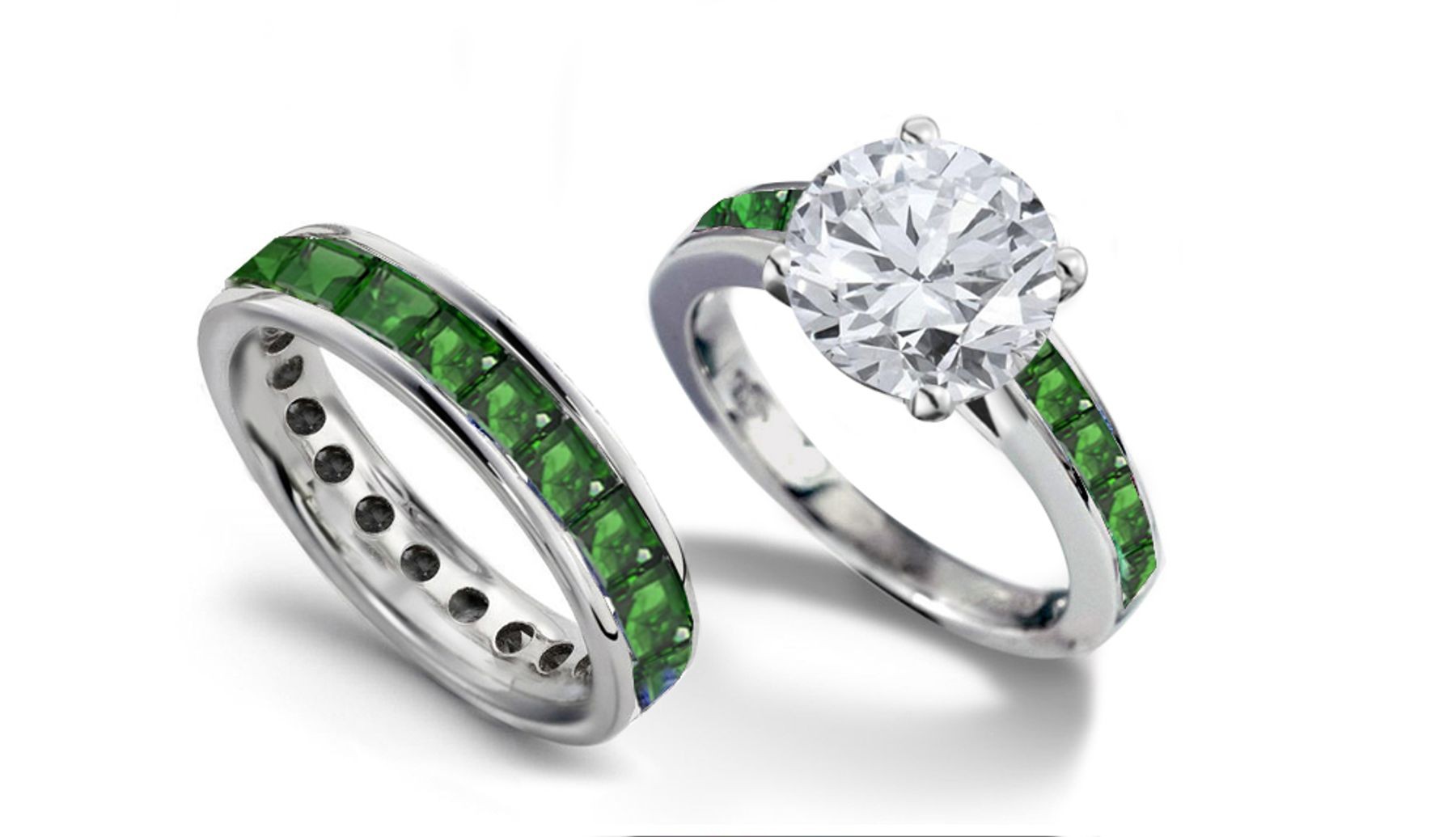 Colored Designs: New! Large Round Shape Emerald Gemstone Diamond Three-Stone Ring in 14k White Gold With Photographs