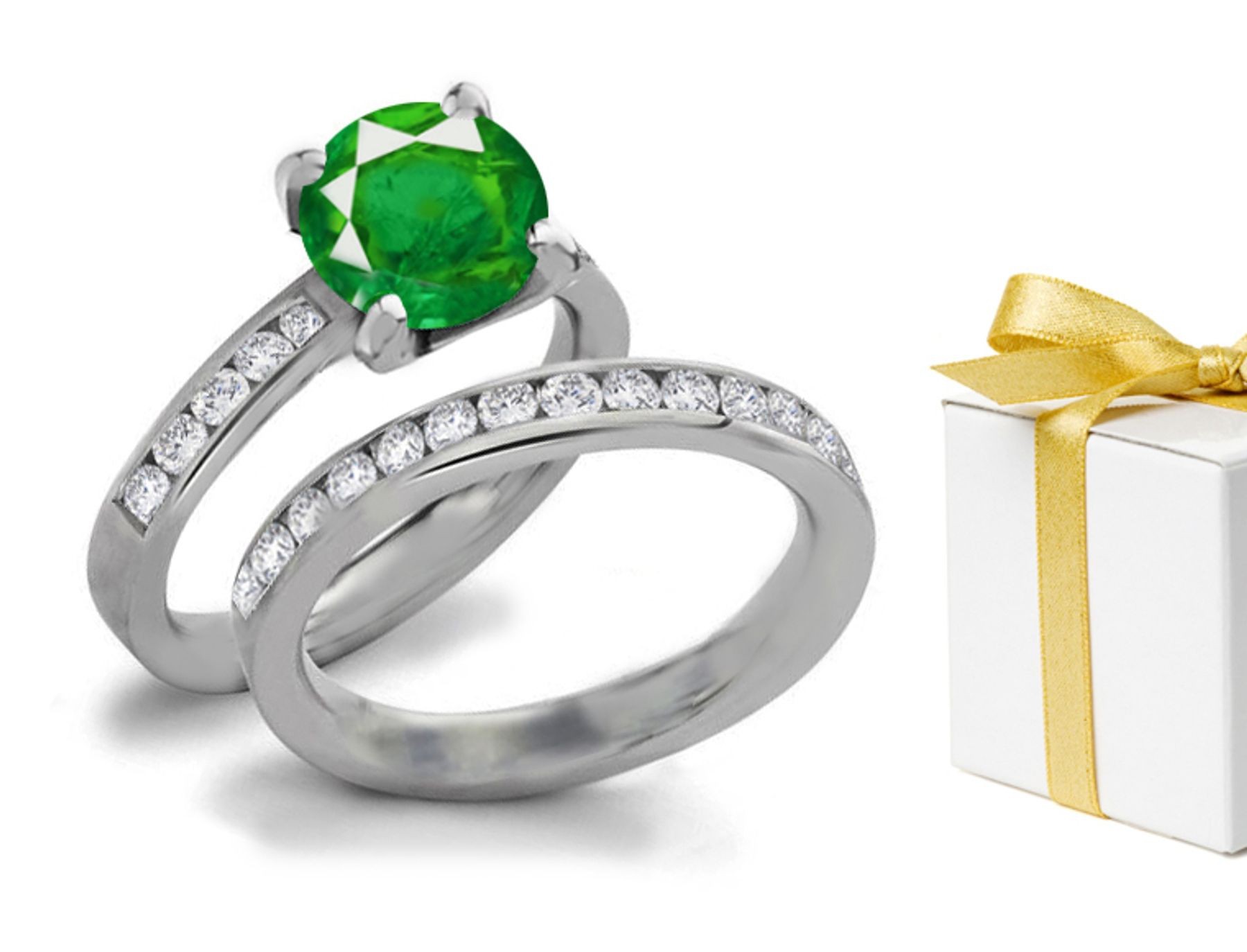 Prices Depending Upon Size:Extraordinary Channel Set Emerald Ring With Diamonds in 14k White Gold 
