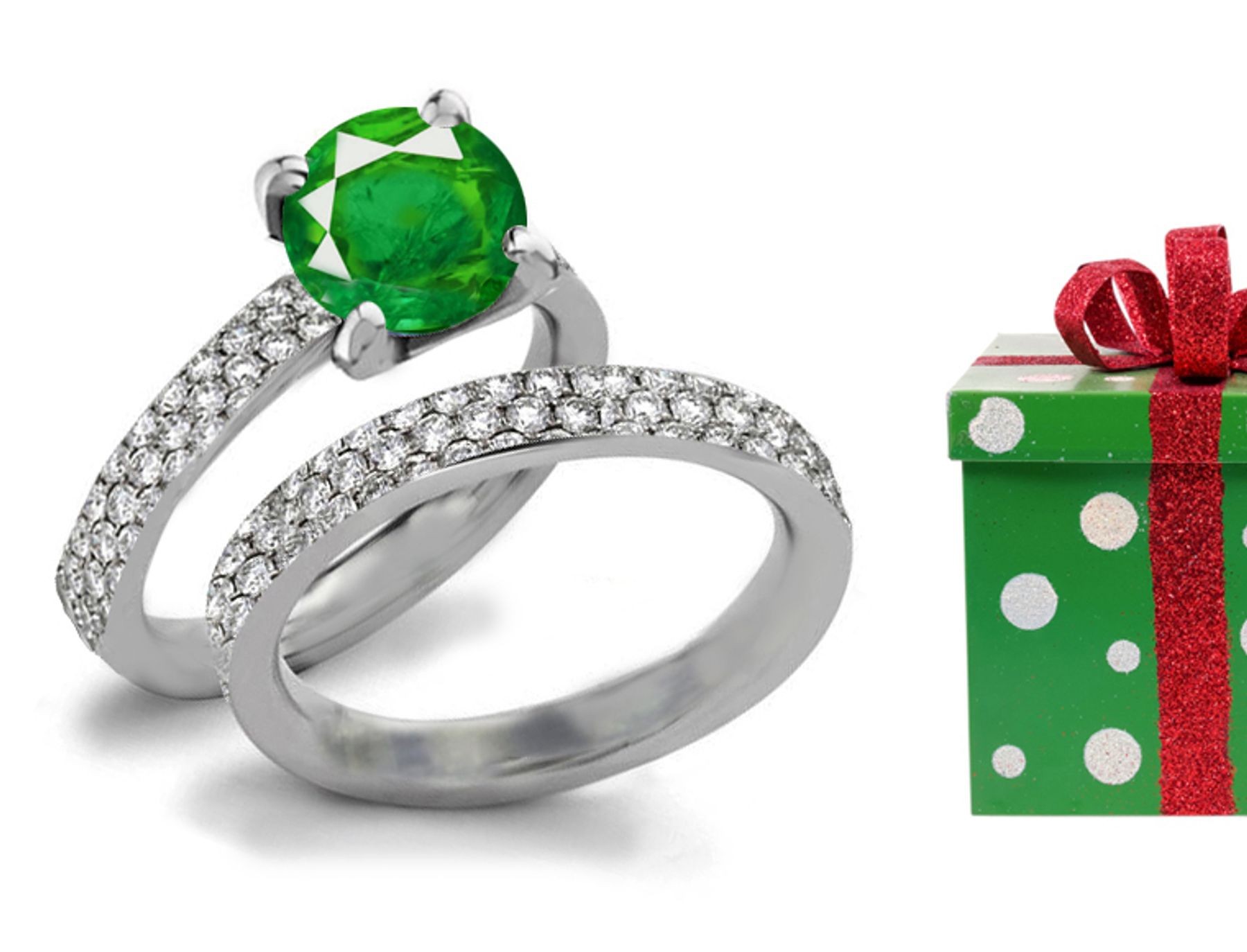 Specially Prepared Classic & Elegant Design French Pave' Green Emerald & Diamond Ring in 14k White Gold Platinum