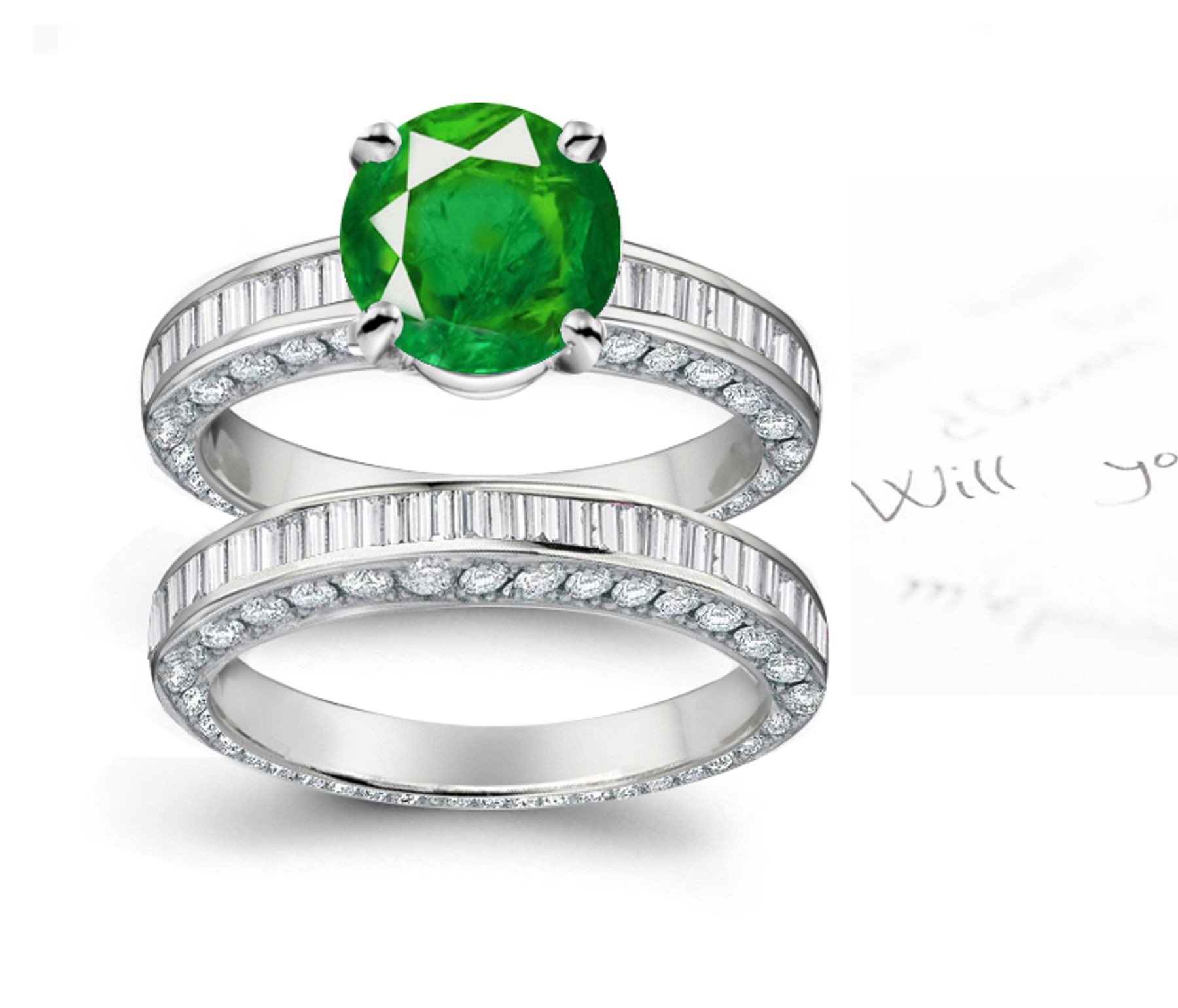 Best & Choicest Jewels: May Birthstone Gifts Channel Set Haloed Emeralds & Diamonds Ring in 14k White Gold & Platinum