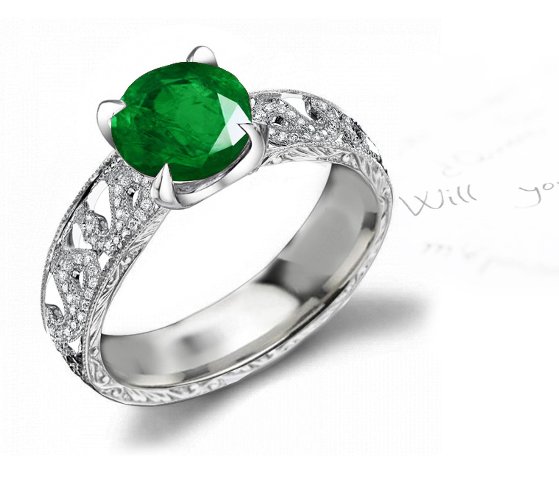 Finest Quality Emeralds: Ancient Style Special Design Emerald & Diamond Micropave Floral & Leaf Motif Classical Openwork Ring