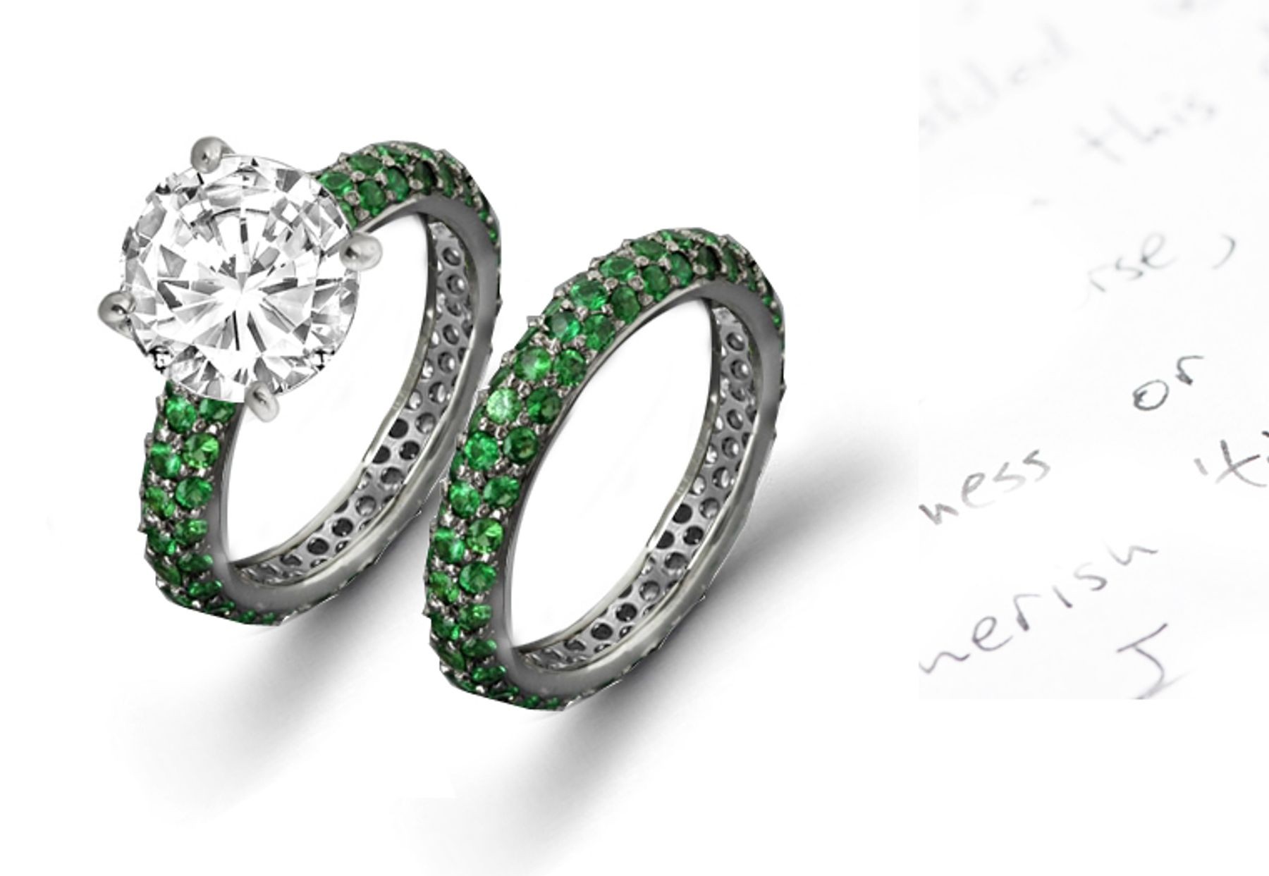 Divine Offerings: Round Shaped Diamond atop French Micropave Natual Emerald & Diamond Sprinkle Ring & Eternity Band