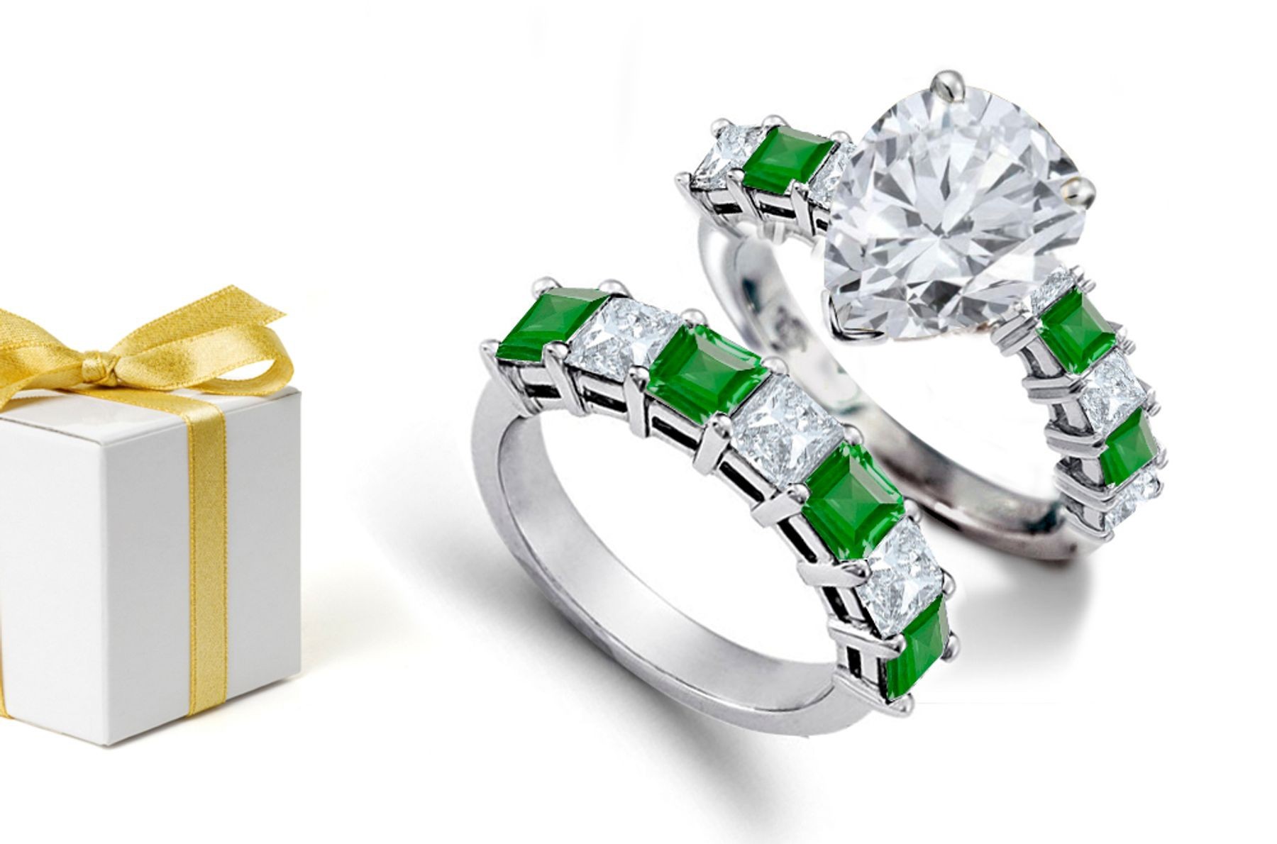 The Splendid Emeralds: Wonderful & Richly Designed Featuring Center Pear-Shaped Diamond With Square Emeralds Set in Two Gold Rings