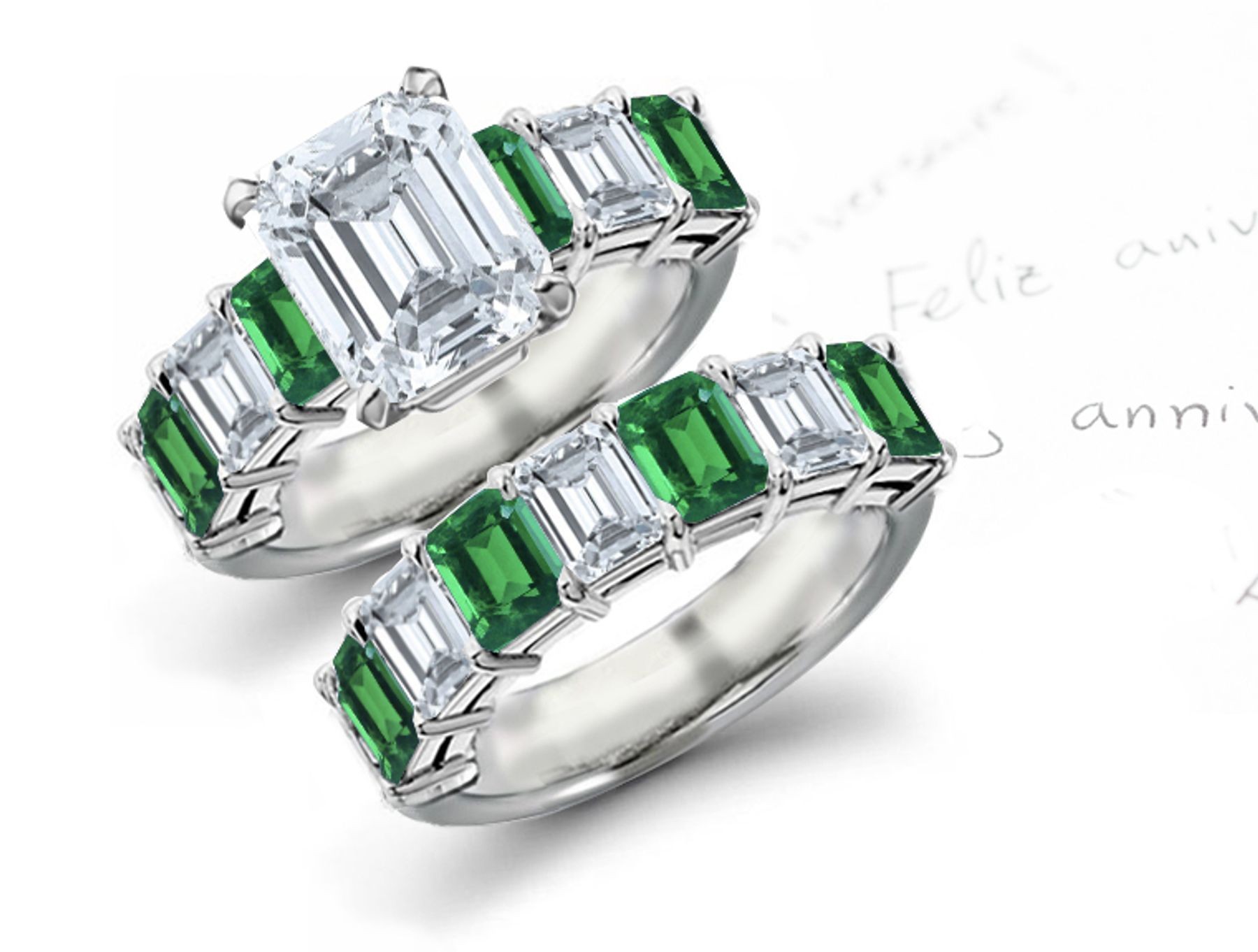 Precious Gemstones 7 Stone Natural Emerald Cut Green Color Emerald and Diamond Designer Ring & 7 Stone Emerald Cut Band