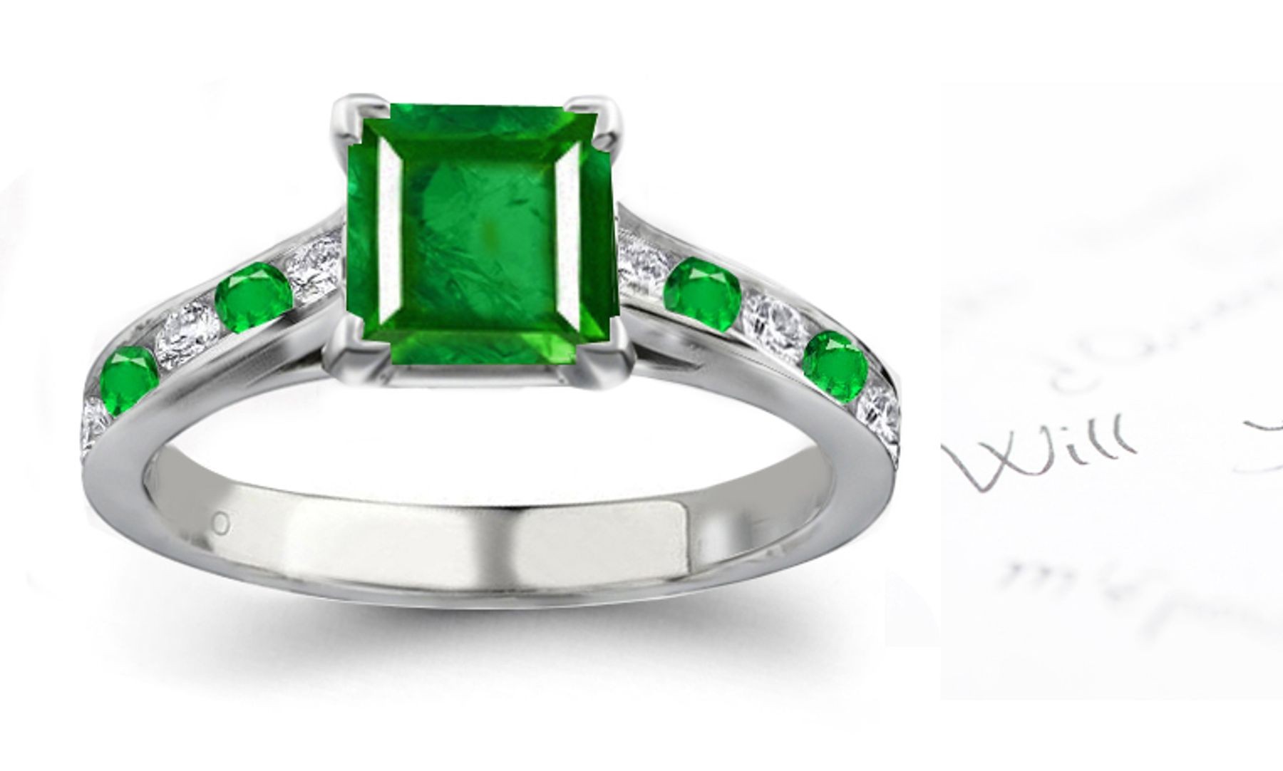 Symbolic Solitaire Princess Cut Emerald, Emerald Diamond Accents Gold Band & Ring