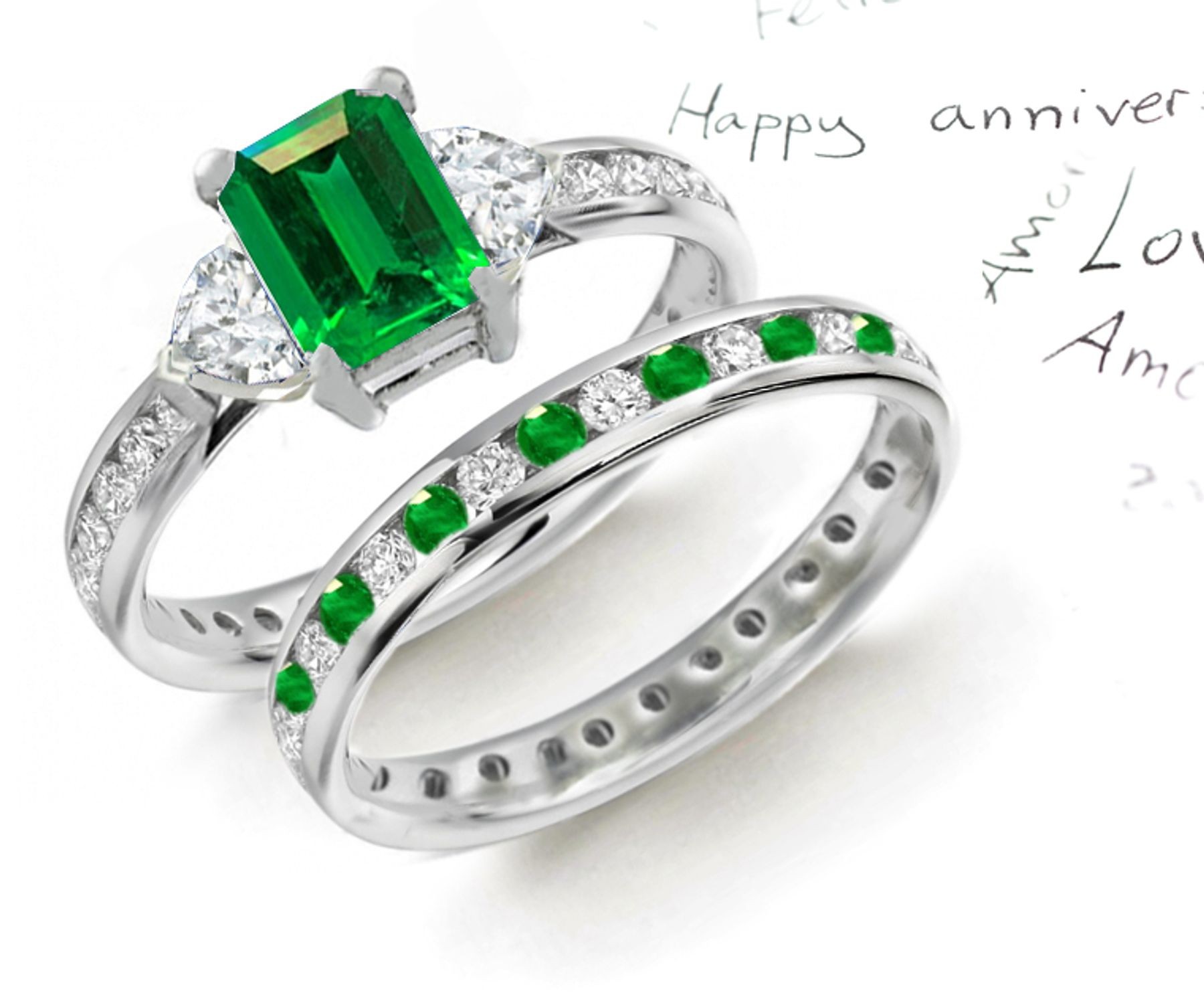 AVAILABLE IN STOCK: 14k Gold & Platinum Emerald Cut Emerald & Heart Diamond 3 Stone Ring & Diamond Band 50% Savings