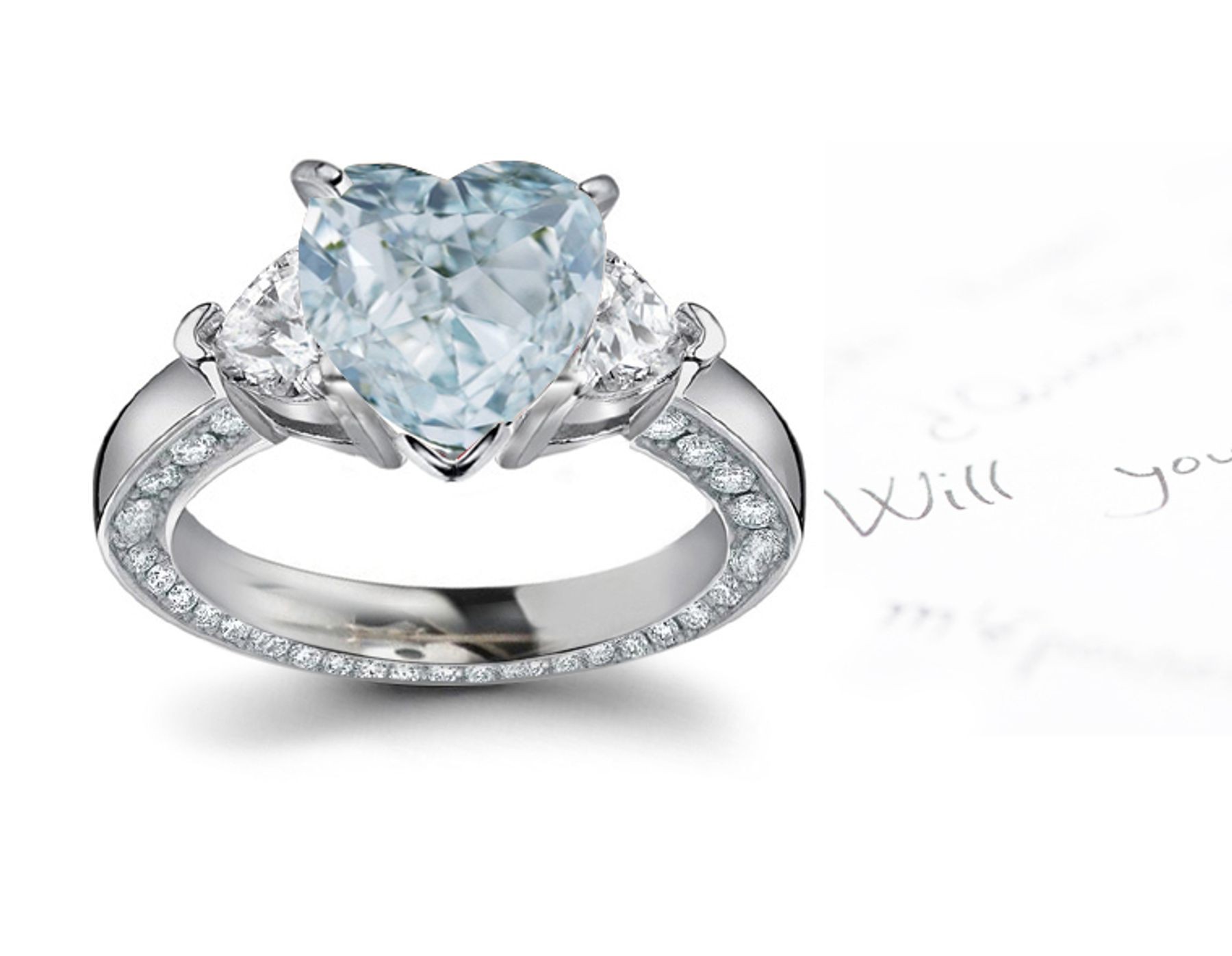 Center Heart Blue Diamond & Heart White Diamonds Accents Three Stone Engagement Ring in Platinum Mounting