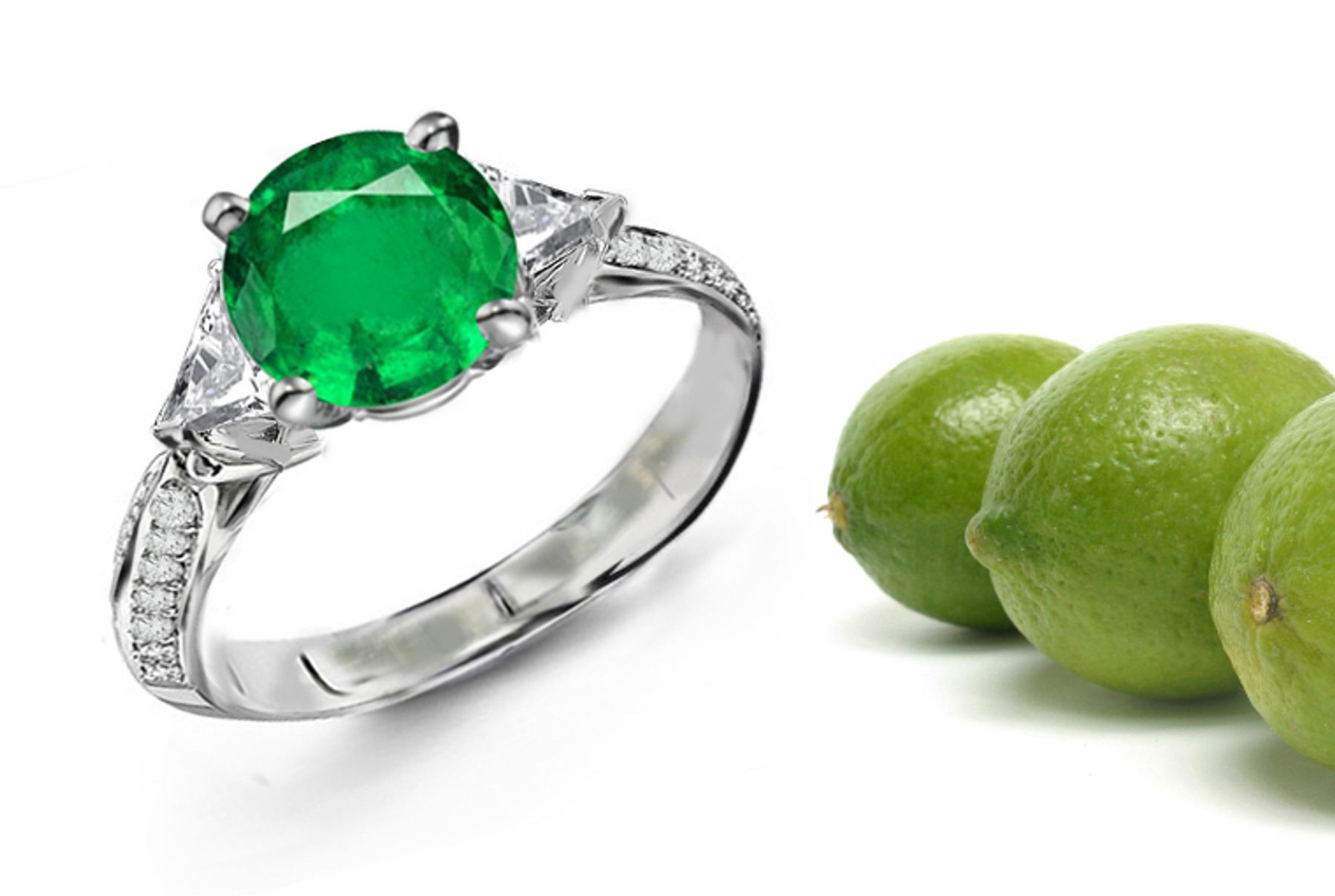 Plain Skeleton Mountings: This Three Stone Ring Features Trillion Diamonds & A Round Emerald Stone