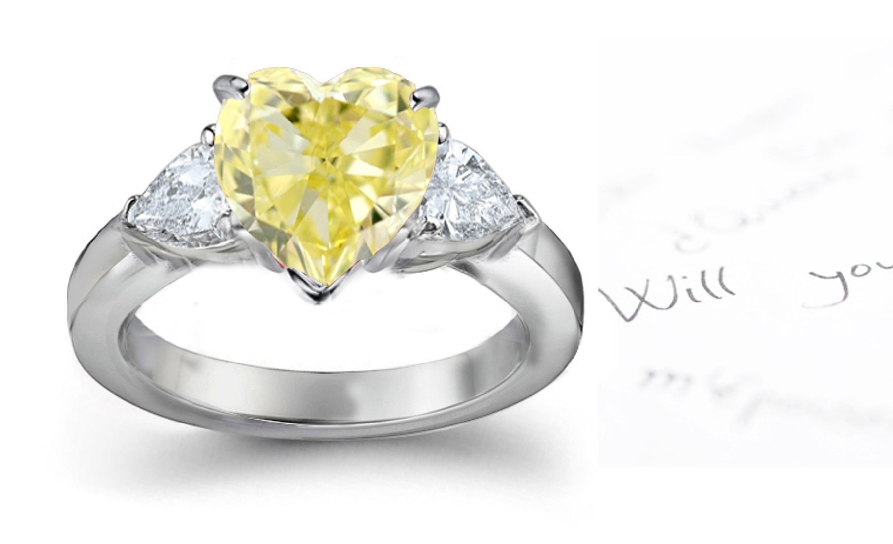 Twin-Tone Sparkling Center Heart Yellow Diamond & Pear Shaped White Diamond Accents Engagement Ring
