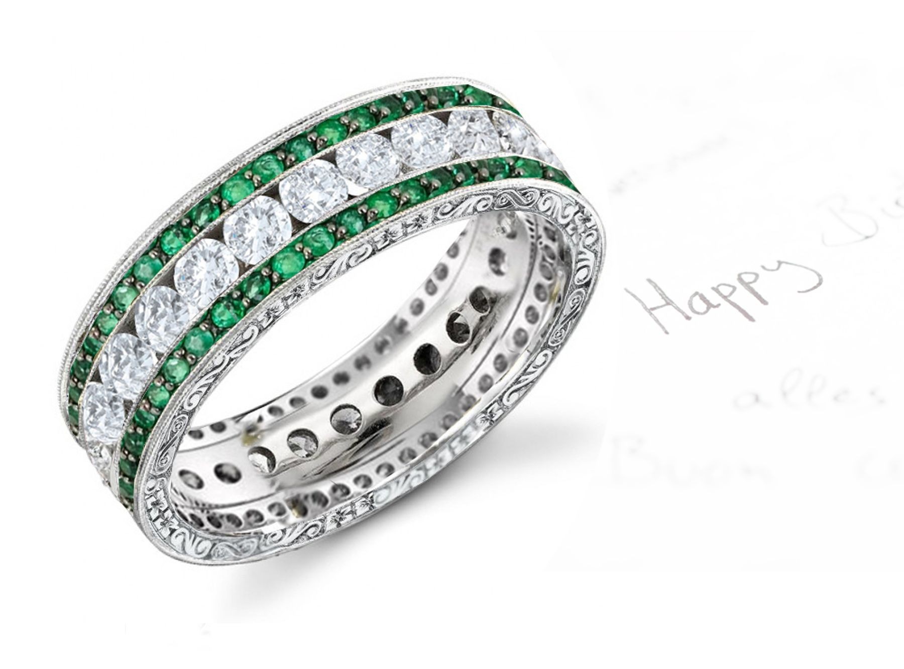 Emerald & Diamond Band Bordered with 2 Rows of Diamonds, Engraved Sides