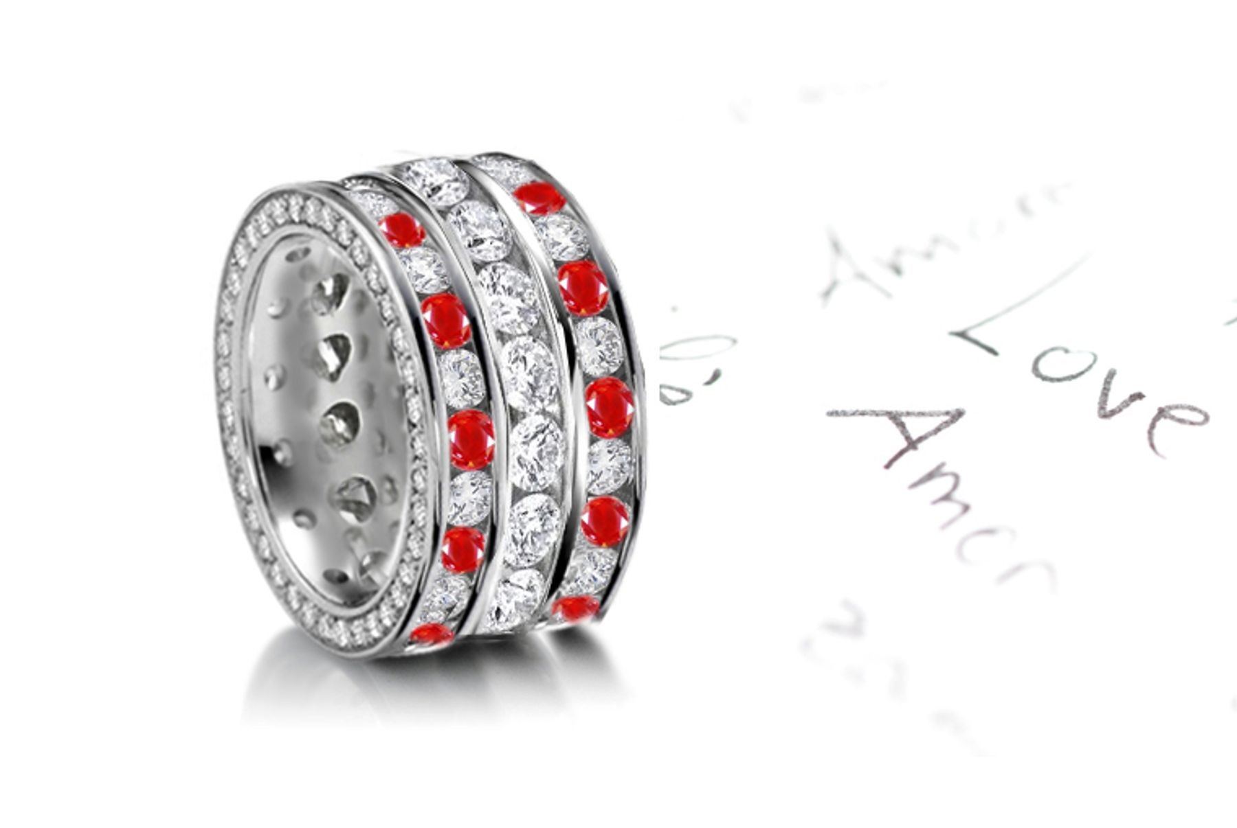 Truly Unique: Three Sparkling Rows of Ruby & Diamond Eternity Bands in Platinum 950 Size 3 to 6