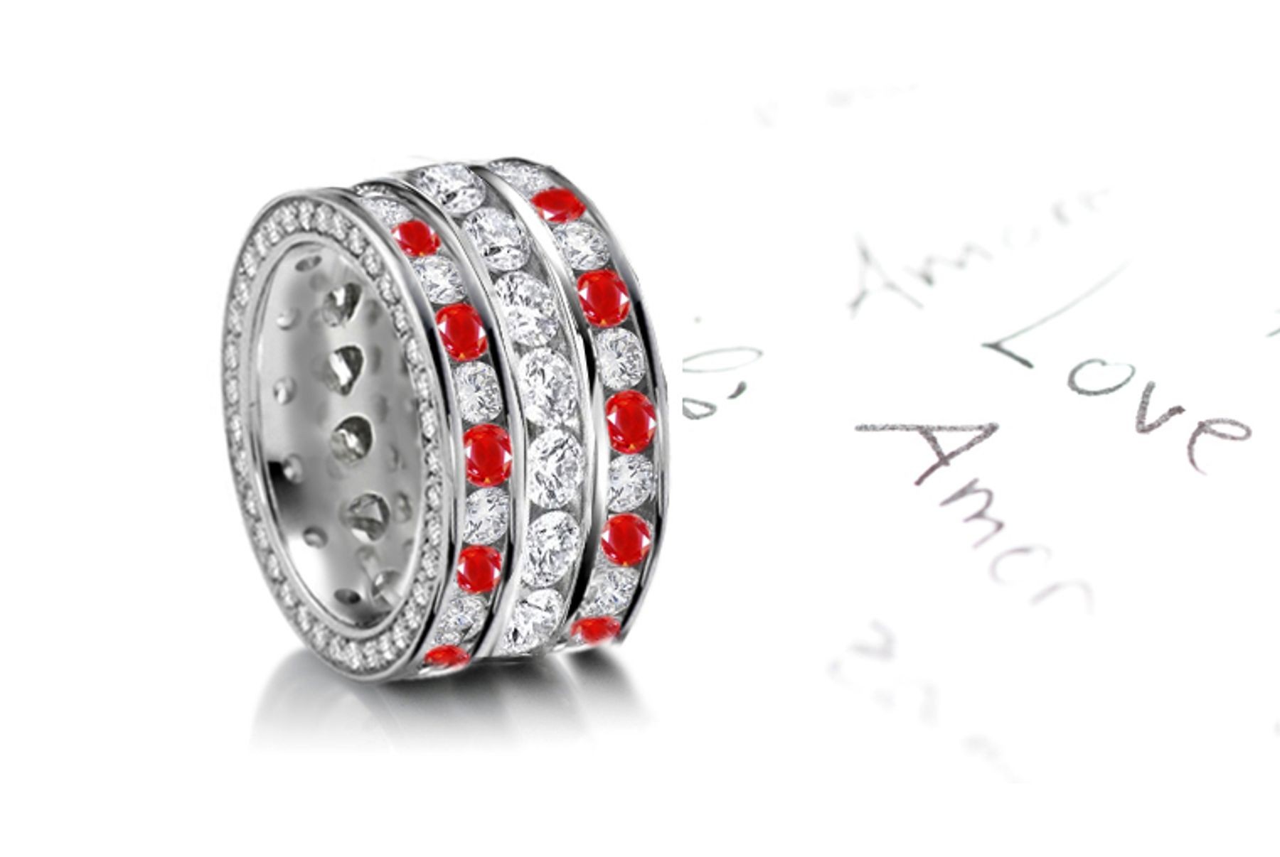 Truly Unique: Three Sparkling Rows of Ruby & Diamond Eternity Bands in Platinum 950 Size 3 to 6