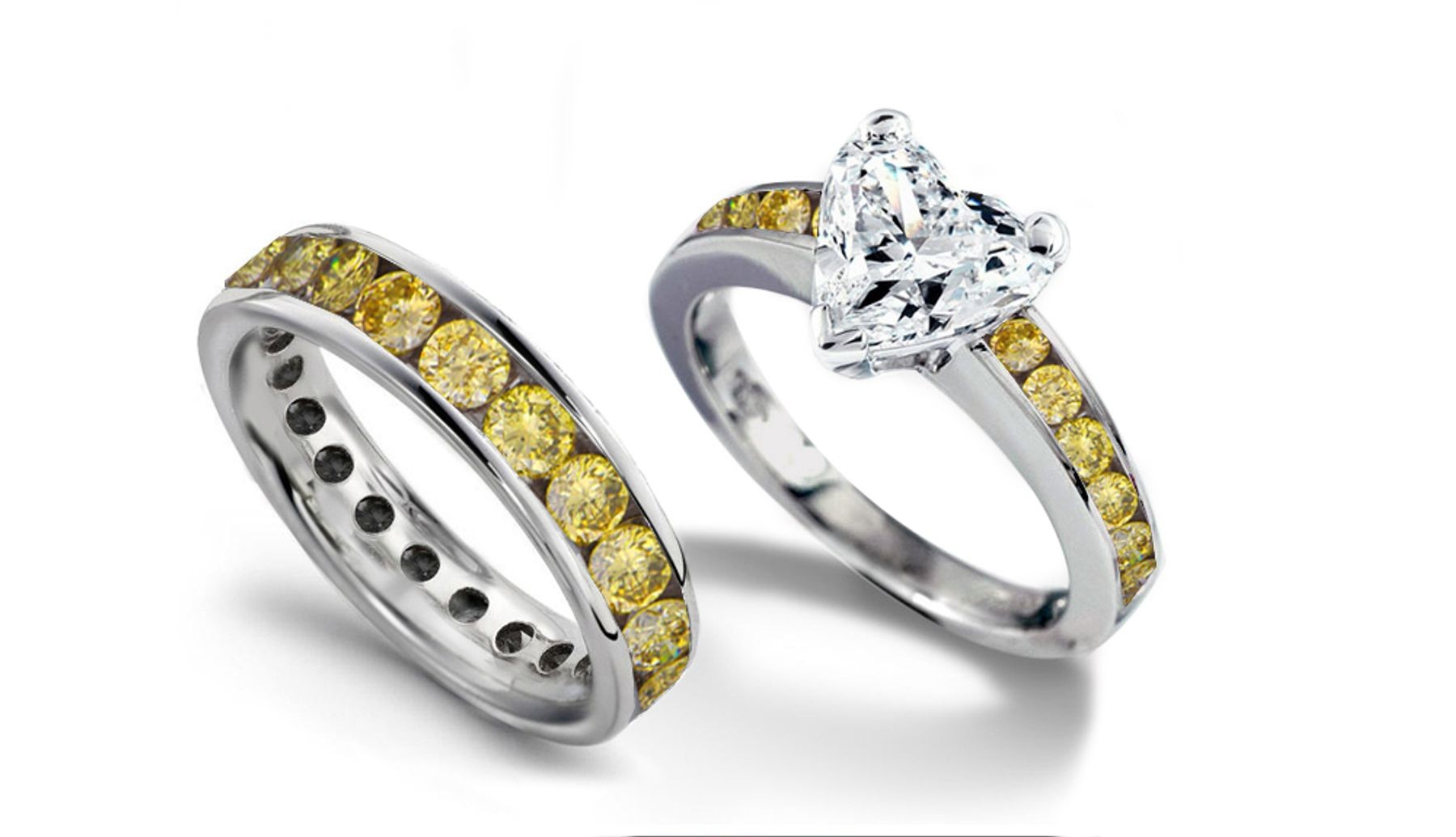 Yellow Diamond Eternity Wedding Band & Matching Engagement Ring with Heart Diamond atop Yellow Diamond Band