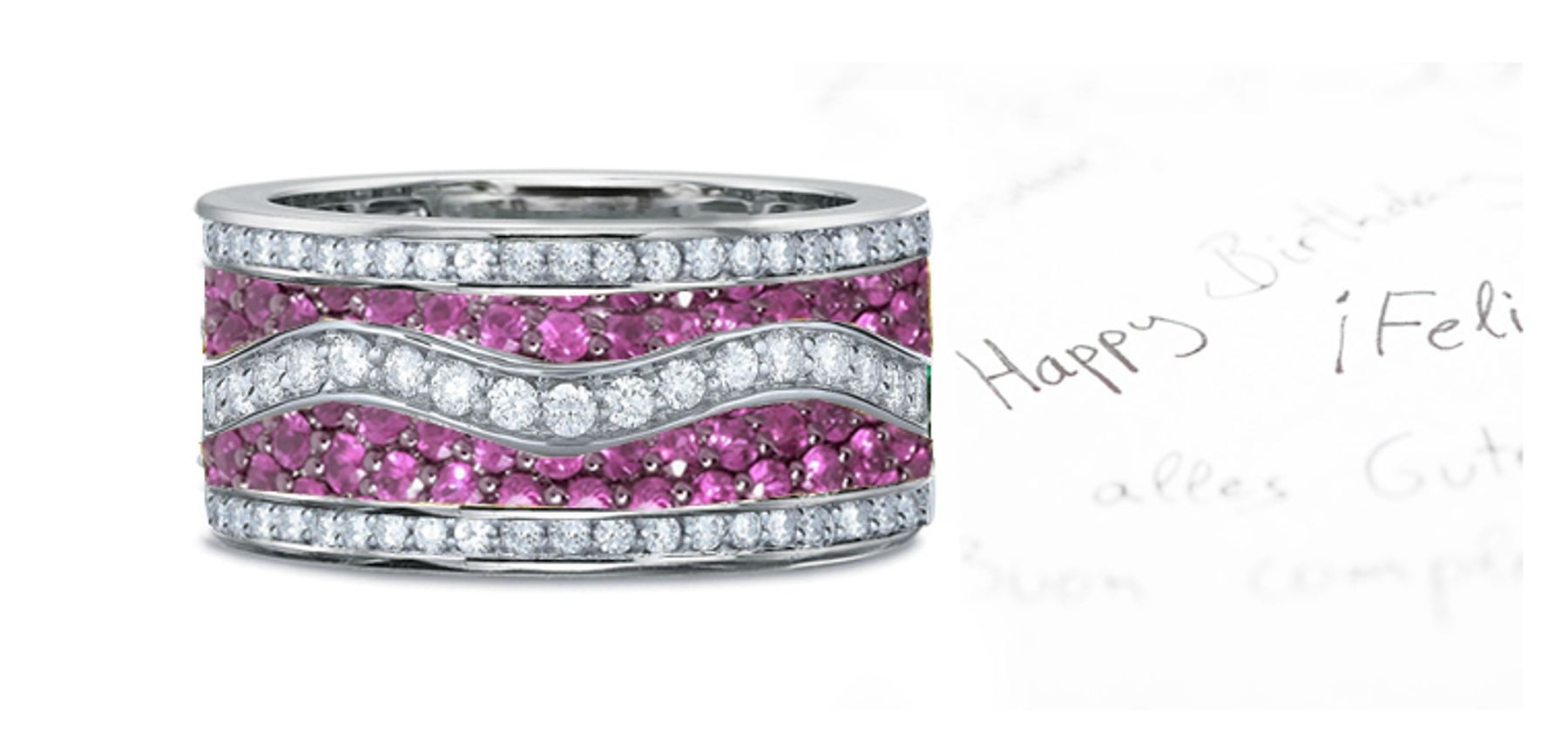 Micropavee Pink Sapphire Diamond Eternity Gold Wave Band