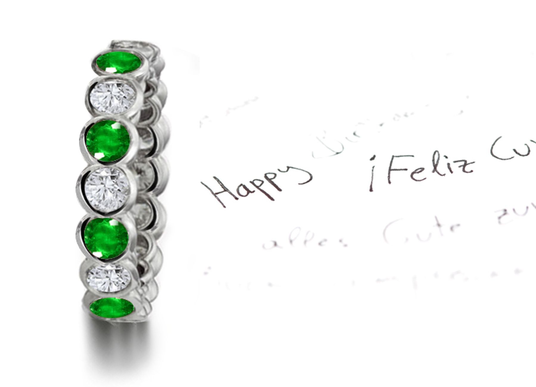 Splendid: Bezel Set Bright Crysta Lime Green Emerald & Diamond Eternity Wedding Band in Gold