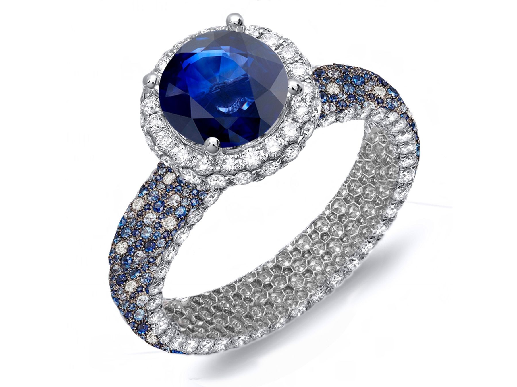 Made To Order Rings Featuring Delicate French Halo Pave Diamonds & Vivid Blue Sapphires